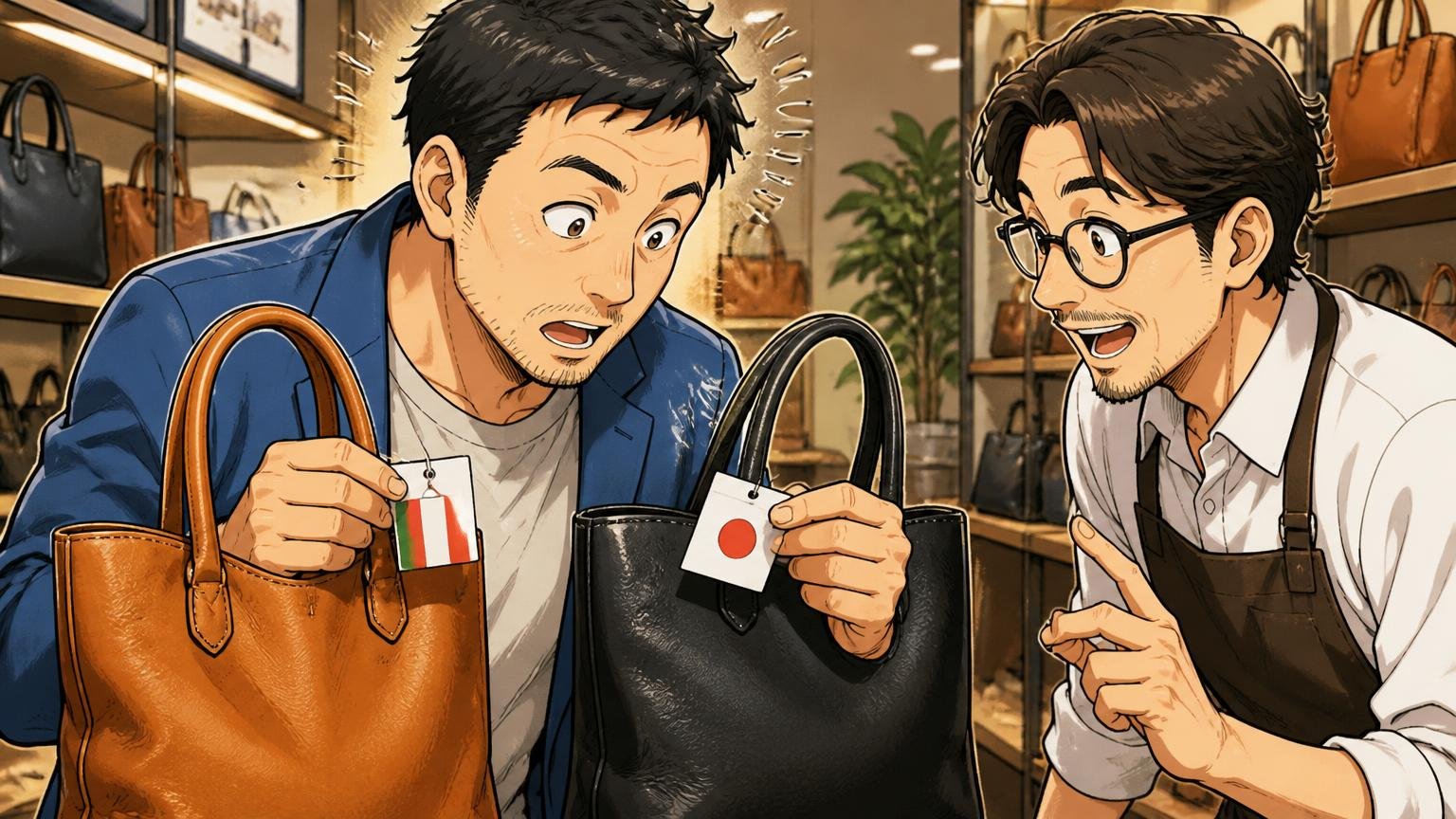 Calmaはイタリア製、Urbanは日本製で生産国はシリーズにより違う/ショップの棚の前で2つの革トートのタグを見比べる40代男性1人と店員1人