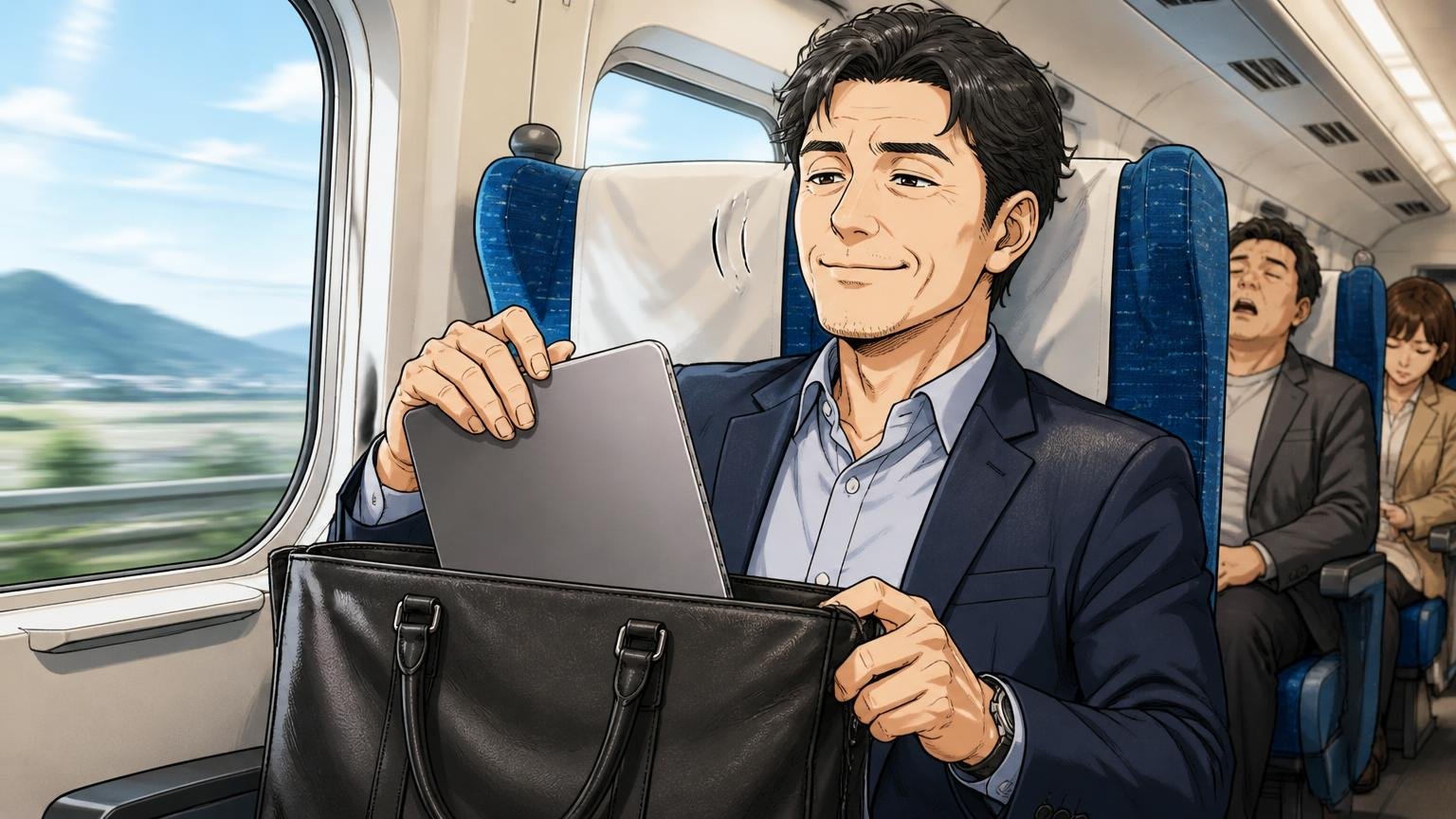 PCが入り、通勤から1泊出張まで使える　新幹線の座席で革のトートからノートPCを取り出す40代男性1人が満足げにうなずく
