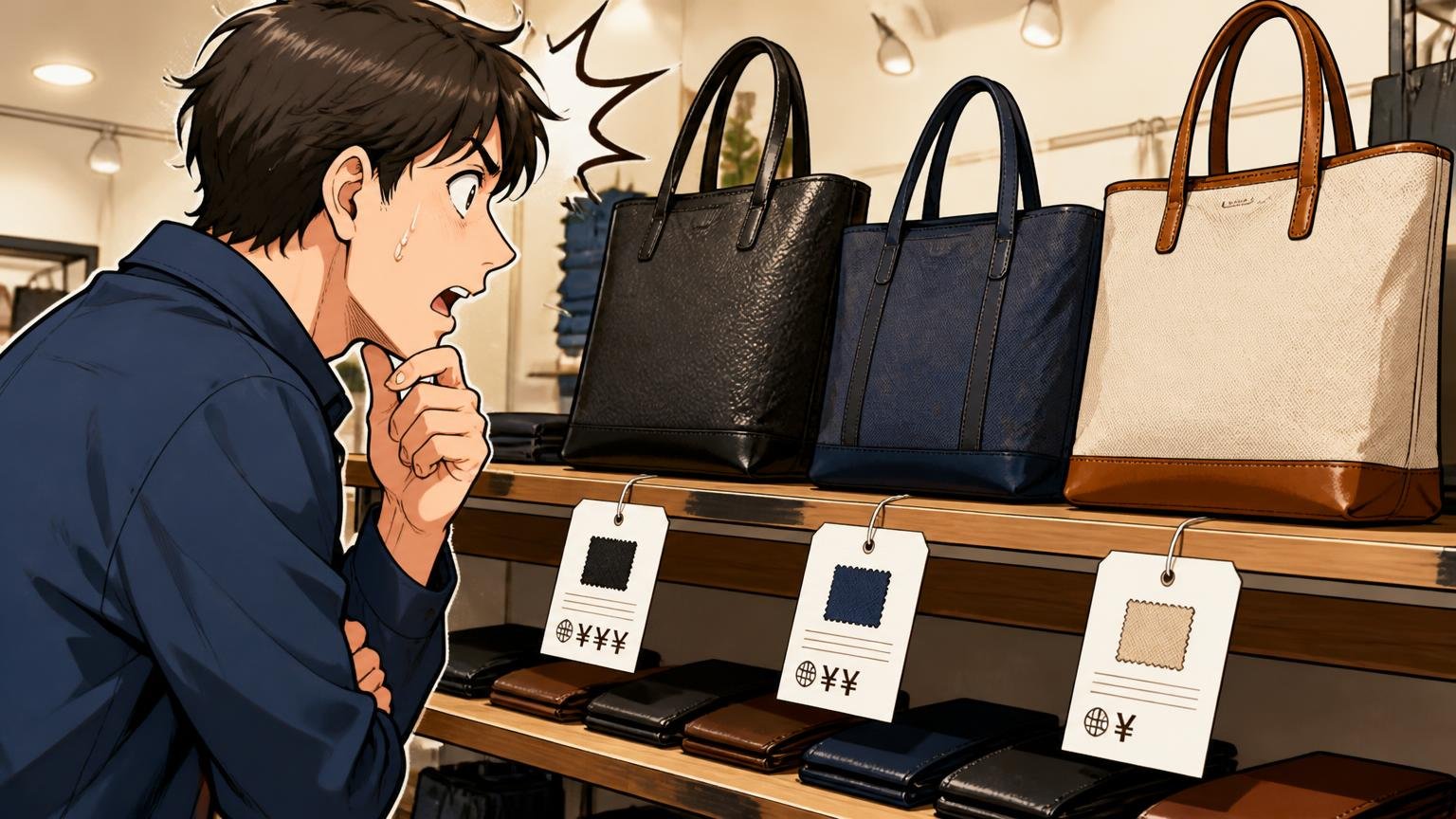同じ「ポールスミスのトート」でも素材・価格・生産国がまったく違う 売り場の棚の前で男性が3つのトートの値札と素材表示を見比べて驚く場面