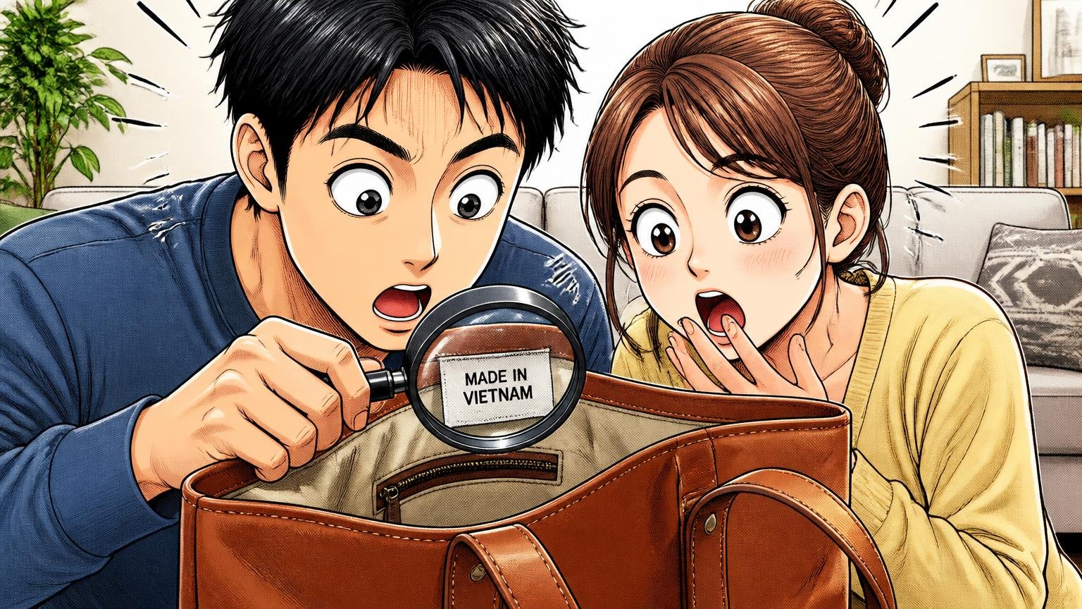 ただし本革トートの原産国はベトナム。「日本のブランド＝日本製」ではない：自宅のリビングでバッグの内側の品質表示タグを拡大鏡でのぞき込む夫婦2人が目を丸くする場面