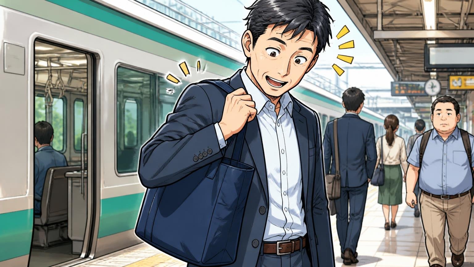約590gの軽さと、肩に食い込みにくい持ち手 朝の駅のホームで40代男性がトートを肩に掛け軽さに驚く場面