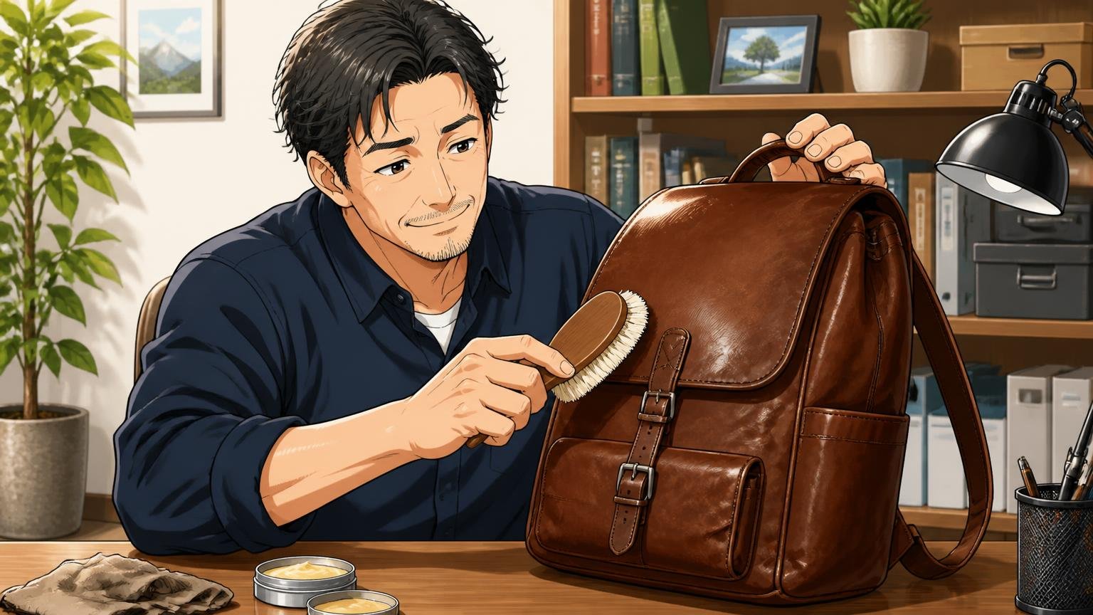 革のしっとり感と経年変化を楽しめるという声、自宅の机で革リュックをブラシで手入れする40代男性1人が満足そうに微笑む場面