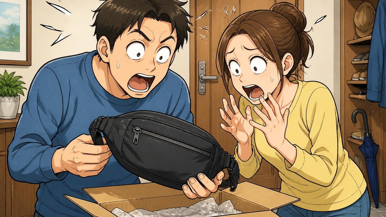 低評価の正体は「品質」ではなく「期待とのズレ」 自宅の玄関で届いたボディバッグを箱から出して目を丸くする夫婦2人
