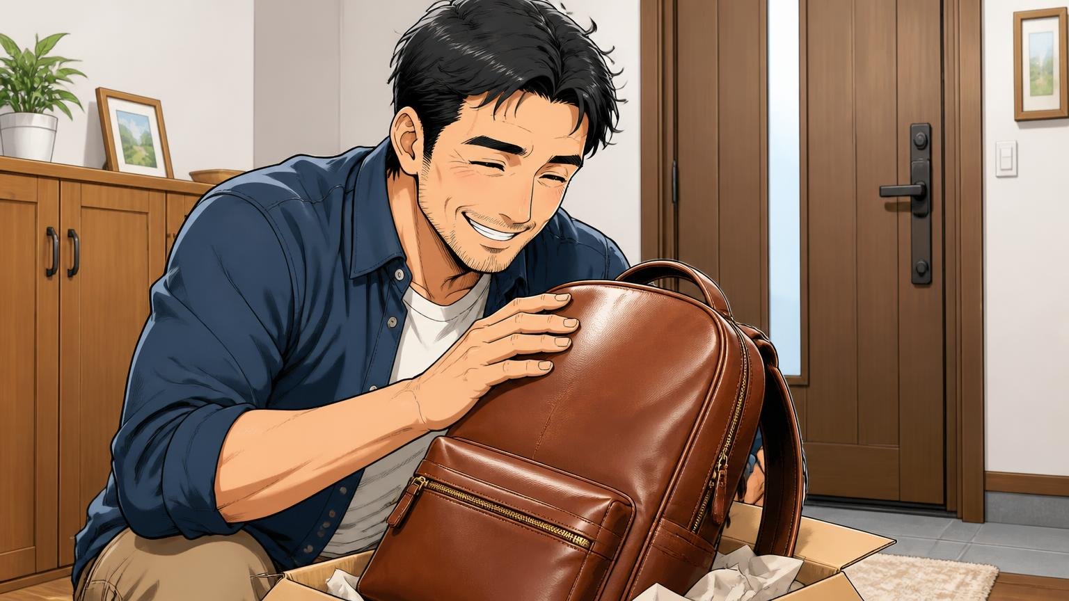 「柔らかい革で非常に満足」40代男性も認める質感、自宅の玄関で届いた革のリュックを撫でる40代男性1人が笑顔になる場面
