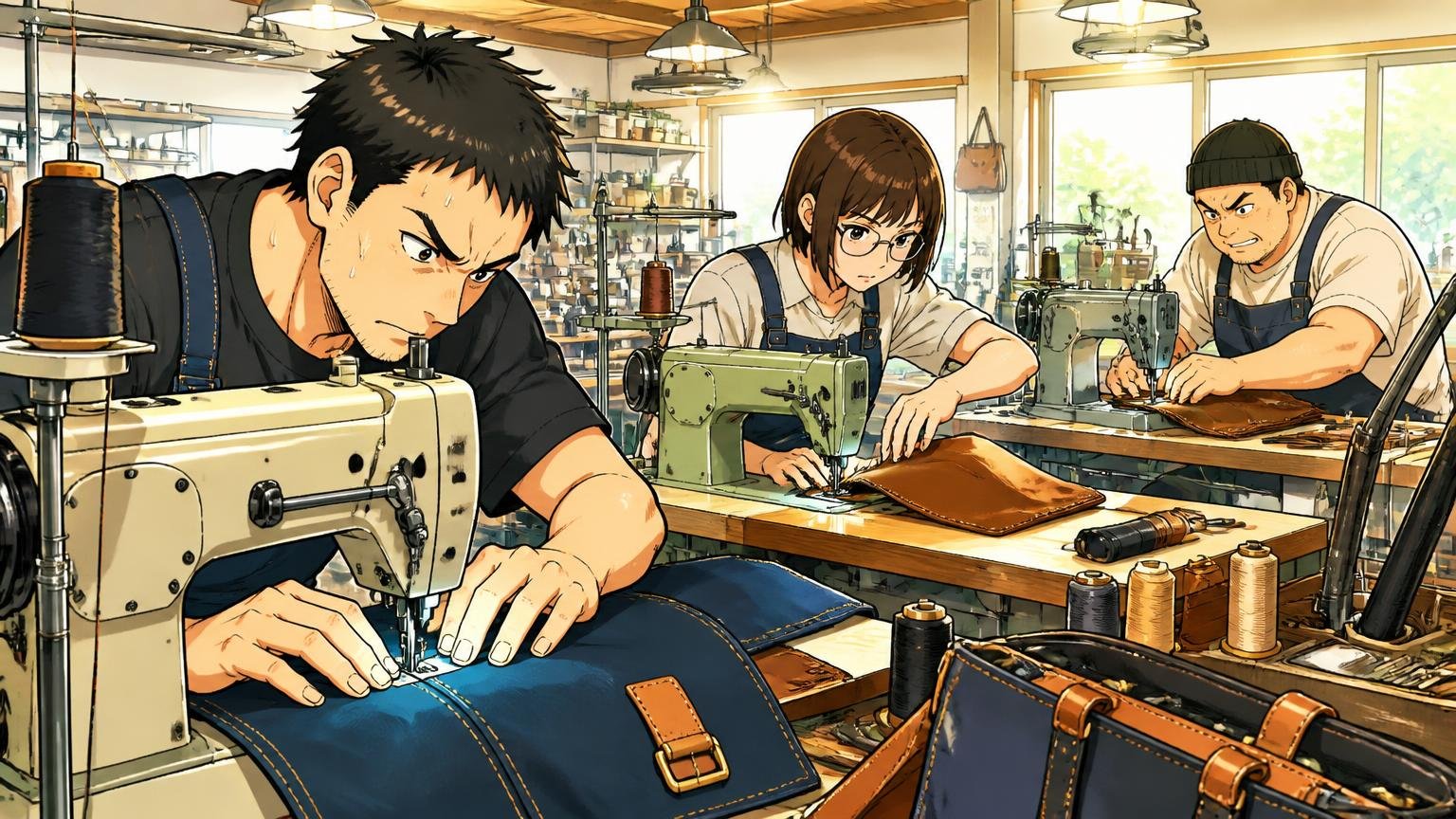 大阪と豊岡の自社工場「BASE」で作り、修理まで受け付けている 明るい工房でミシンを使う職人3人が真剣にバッグを縫う場面