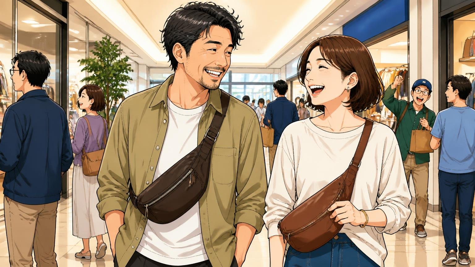 フォーマル過ぎず、40代の休日の服になじむ 週末のショッピングモールの通路で革のボディバッグを斜めがけした40代夫婦2人が笑い合う