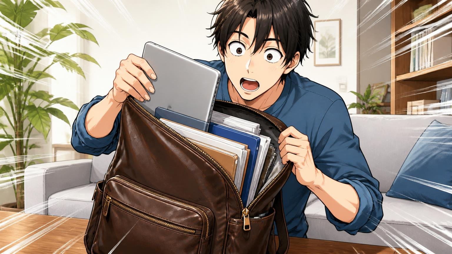 見た目以上に入る型崩れしにくいという声、自宅のリビングで革のリュックに書類やPCを詰め込む男性が驚いた表情を見せる場面