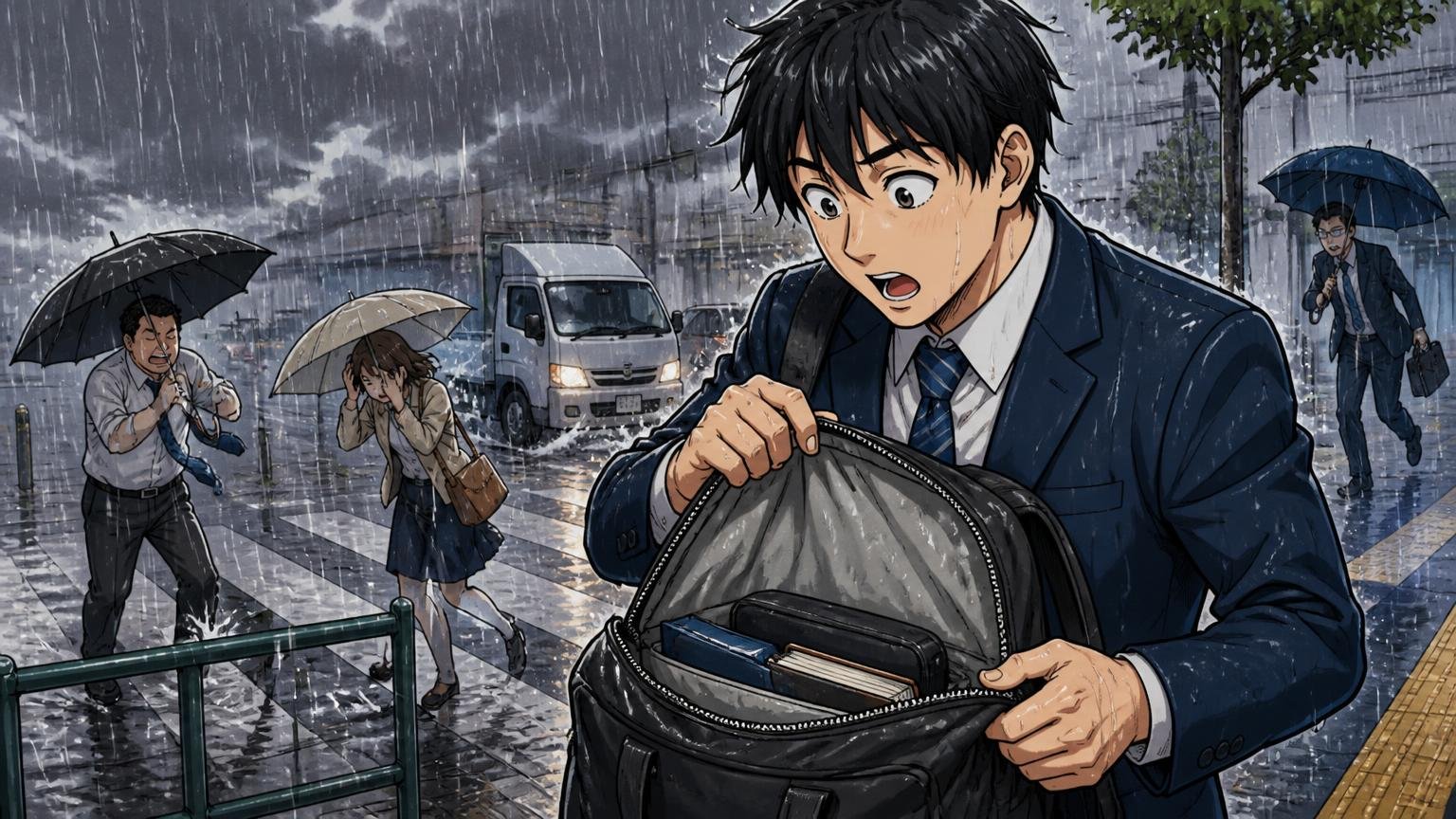 「雨に強い」ゲリラ豪雨でも中まで濡れなかった、夕立の街角で会社員の男性1人がリュックの中を開けて濡れていないことに驚く場面