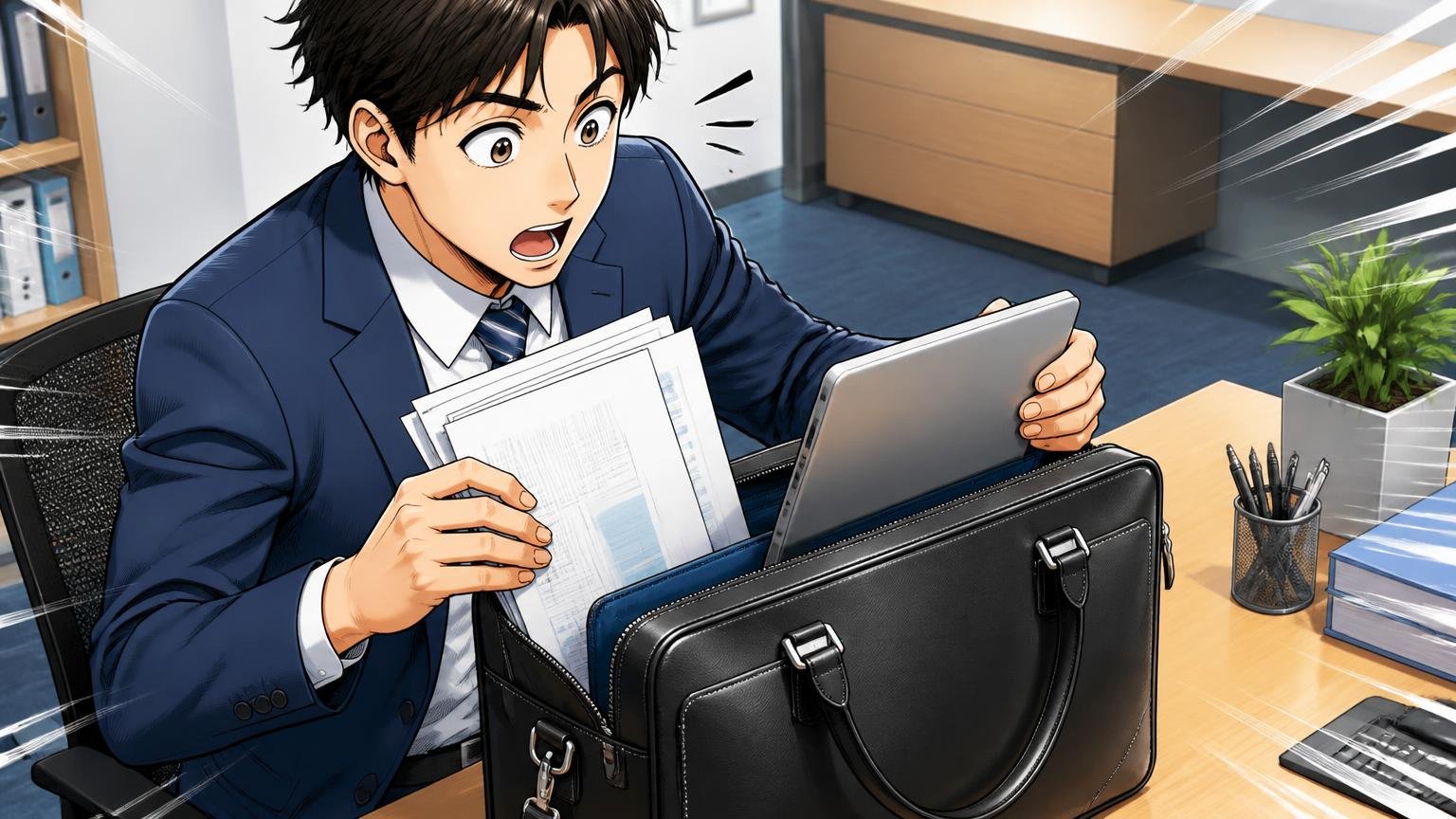「タイトな見た目なのに、かなり入る」 オフィスのデスク脇で男性が箱型の革ブリーフにA4書類とノートPCを詰め、意外な収納力に目を丸くする場面