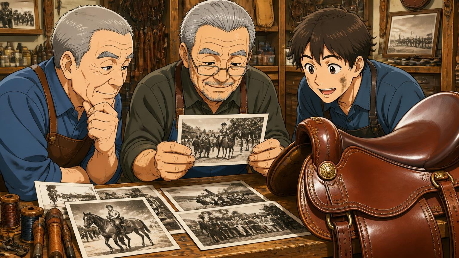 即位の礼・洞爺湖サミットに選ばれてきた60年の歩み 歴史ある革工房で、年配と若手の職人3人が古い写真と新しい鞍を見比べ、感慨深げにうなずく場面