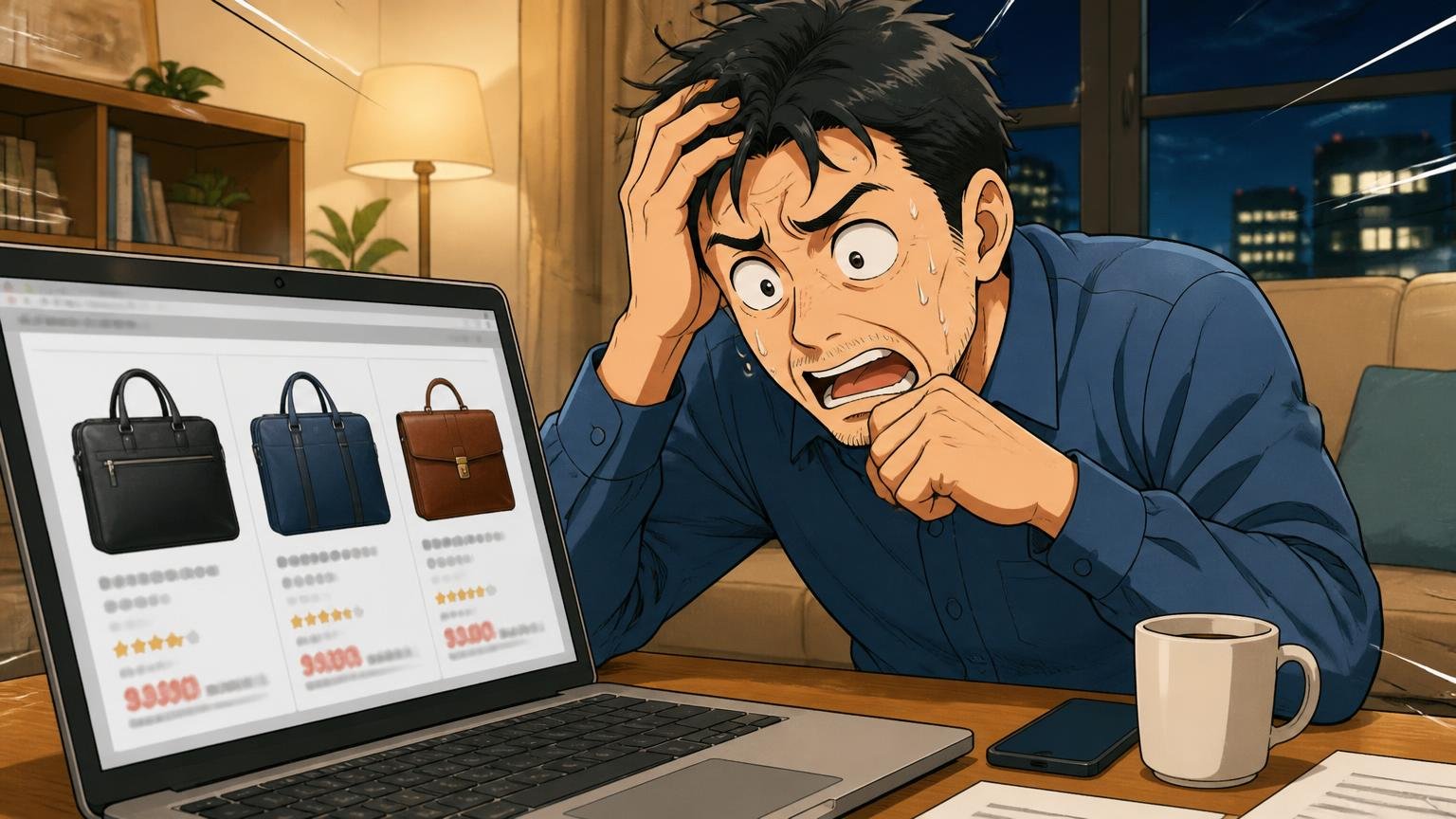 価格の違い：代表的なビジネスバッグで比べると。夜のリビングでノートパソコンの価格表を前に頭を抱える40代男性1人