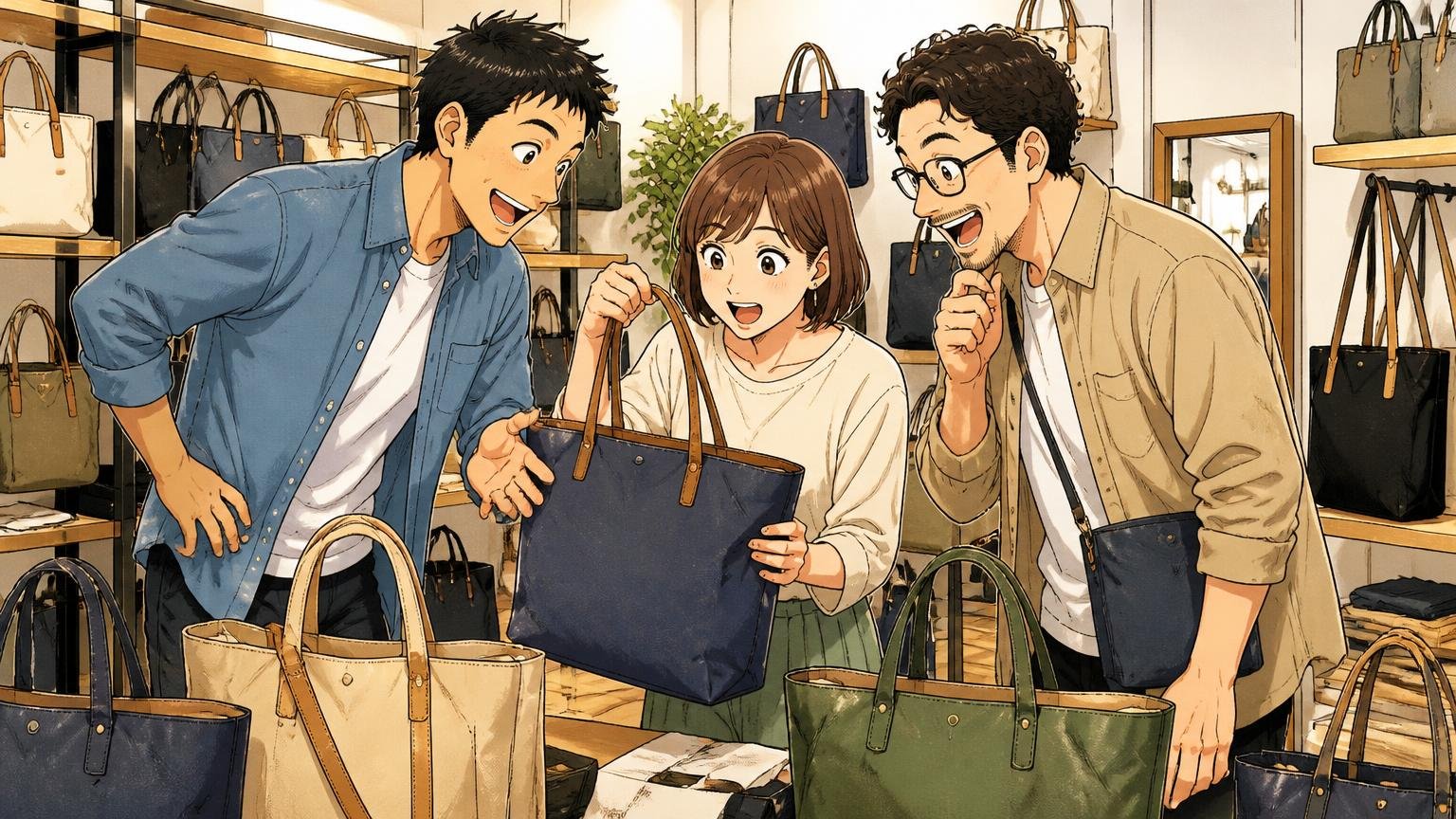 品ぞろえはトート・ショルダー中心|「カジュアルながらも品格」の世界観、直営店でトートを手に取る男女3人が楽しむ場面