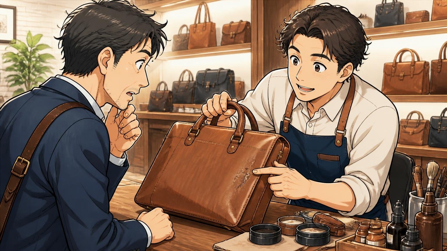 買った後も相談できる｜直営店のメンテナンス・修理窓口。革製品店のカウンターで店員に革バッグの状態を見てもらう40代男性と店員の2人の場面