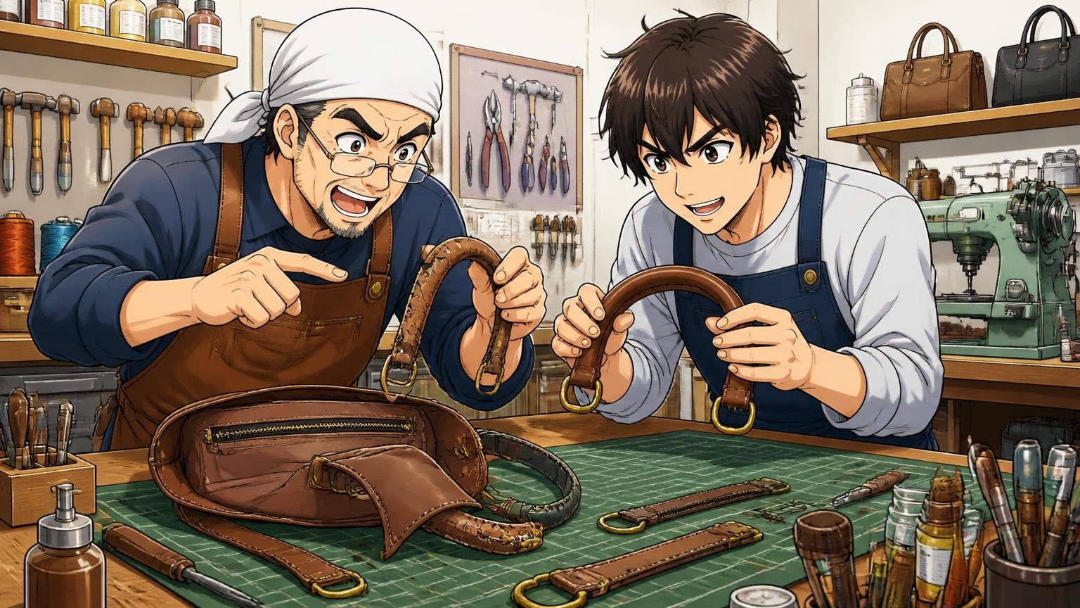 修理は自社工場で対応、不具合の告知も公開している 修理工房の作業台で持ち手が傷んだ革バッグを分解し、新しい革に交換する職人2人