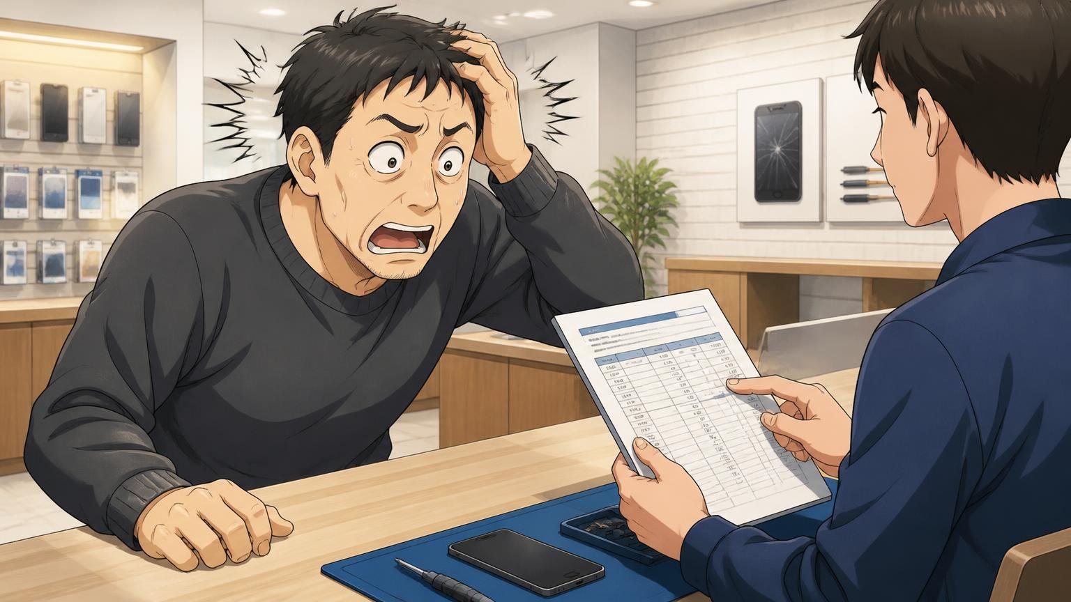 一生のサポートはあるが無償の保証期間はない。修理カウンターで店員から見積もりの説明を受けて驚く40代男性1人の場面