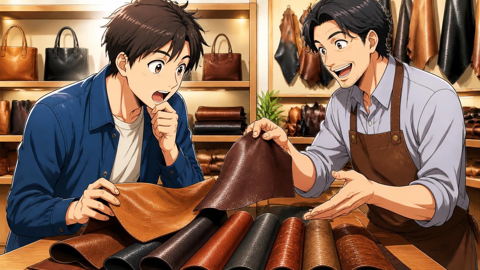 レザーの種類で「変化を楽しむ」か「きれいなまま使う」かが分かれる、ショールームで店員と革の質感を確かめる男性1人と店員1人の場面