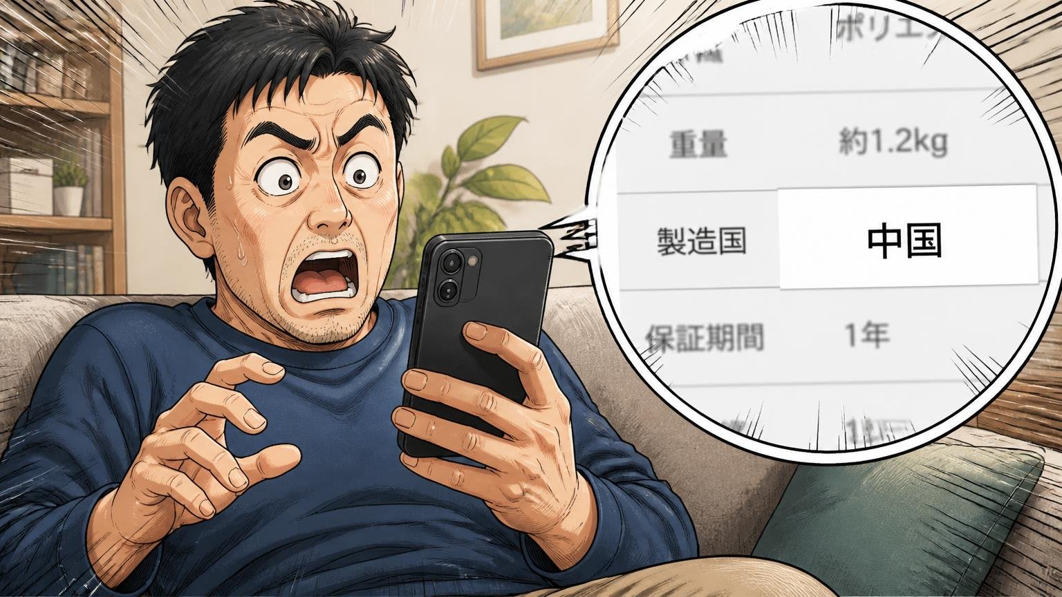 シリーズによって生産国が違う。日本製かどうかは商品ページで確認 自宅のソファでスマホの商品ページの製造国欄を拡大して驚く40代男性1人