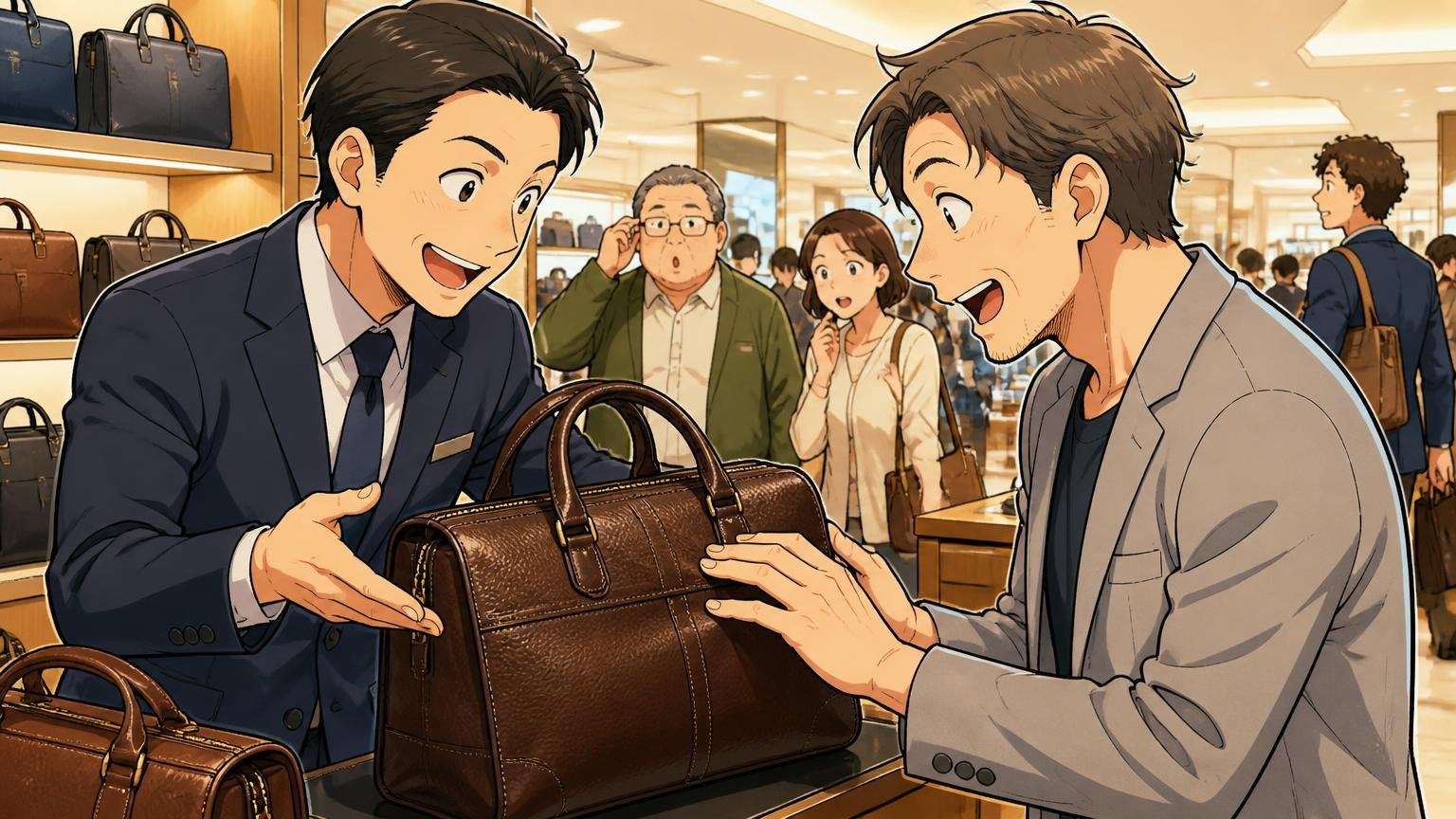 百貨店中心の販売網と、公式オンラインの送料・返品条件　百貨店の紳士鞄売り場で男性客と販売員が革バッグの質感を確かめ合う場面