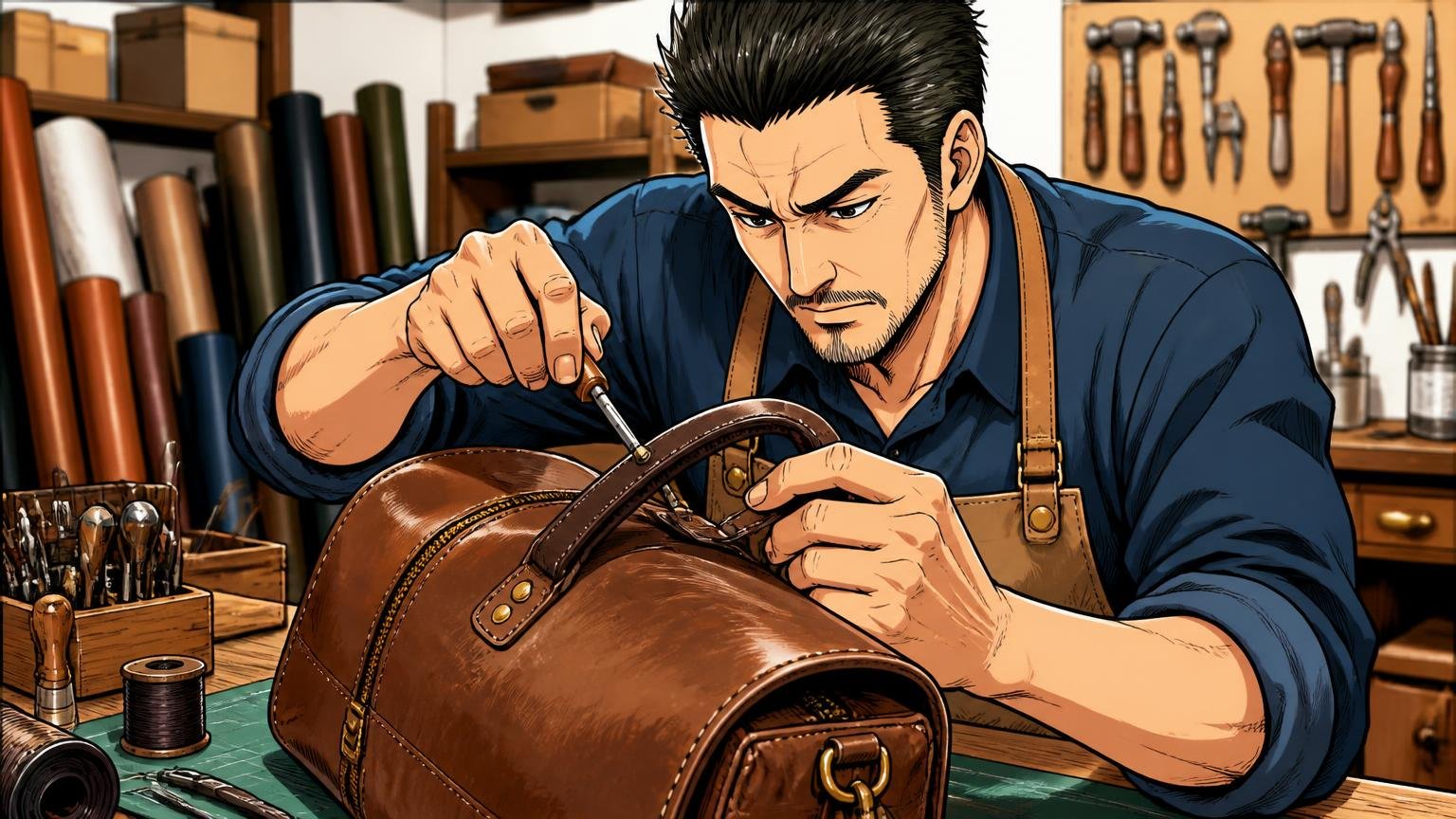修理は「作った職人」が担当|ただしメーカー保証期間の記載はない 工房の作業台でバッグの持ち手を修理する職人1人