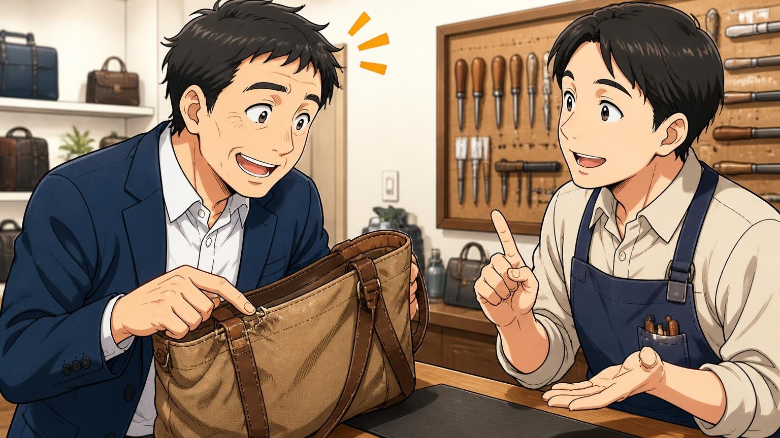 公式の修理窓口があり直して使い続けられる。鞄店の修理カウンターで店員にほつれたバッグを見せ、ほっとした顔で説明を聞く40代男性と店員の2人
