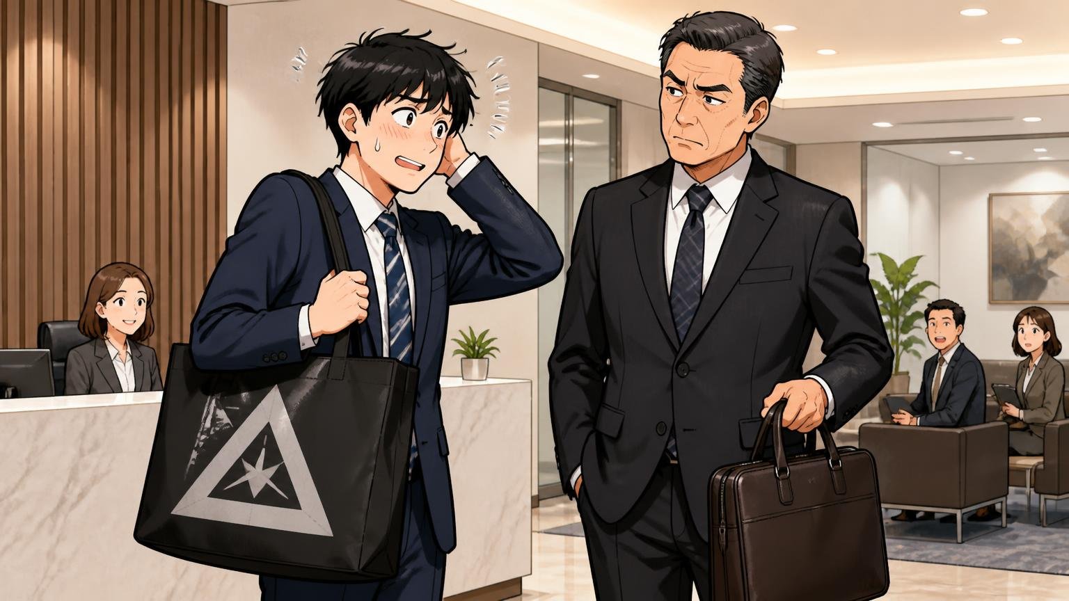 ロゴや装飾が主張しすぎる 商談の受付で大きなロゴ入りバッグを持つ若手と無地の革バッグの部長 2人 若手が気まずそうに笑う