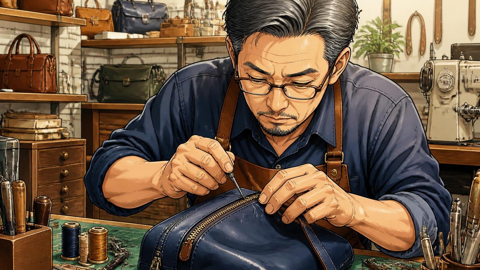 作った職人が修理する体制 鞄工房の作業台で職人がバッグのファスナーを丁寧に縫い直す場面 50代男性の職人1人が真剣な表情で針を進める
