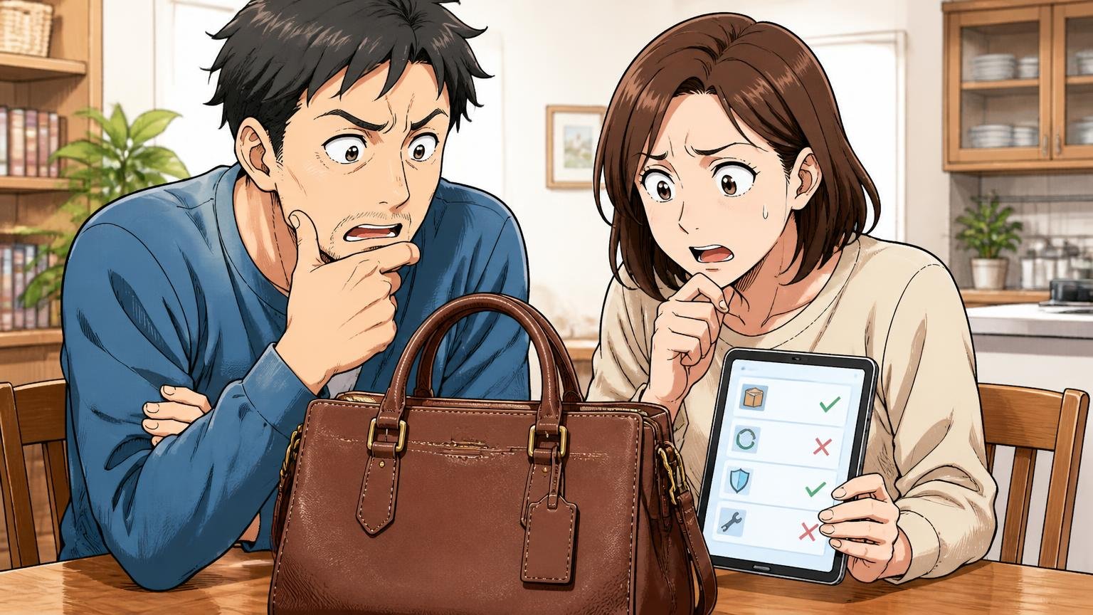 返品・保証・修理は「どの店で買うか」で変わる 自宅のダイニングテーブルで届いた革バッグと返品条件の画面を見比べる40代男性1人と30代女性1人が真剣に相談する場面