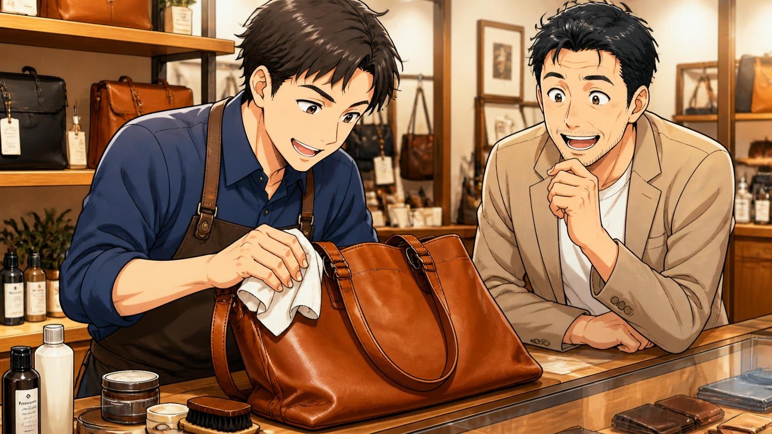 売って終わりではない、店頭ケアとアフターサービス|ショップのカウンターで店員が革のトートをケアし40代男性が嬉しそうに見守る場面