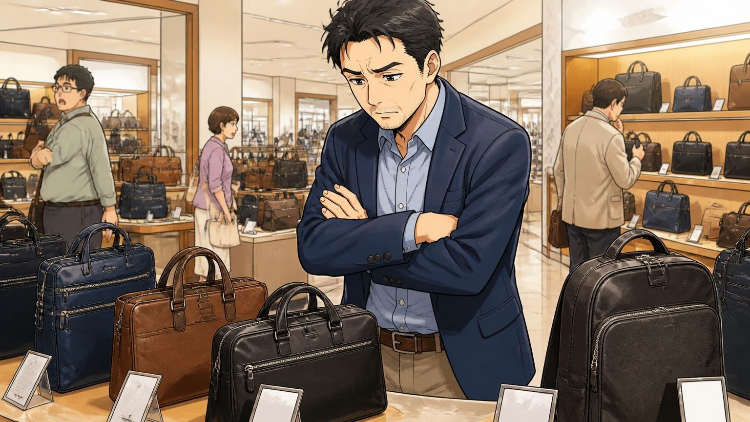 主なシリーズと価格帯(2026年10月の公式表示)、百貨店の鞄売り場で、40代男性1人が値札を見比べて腕を組んで悩む場面