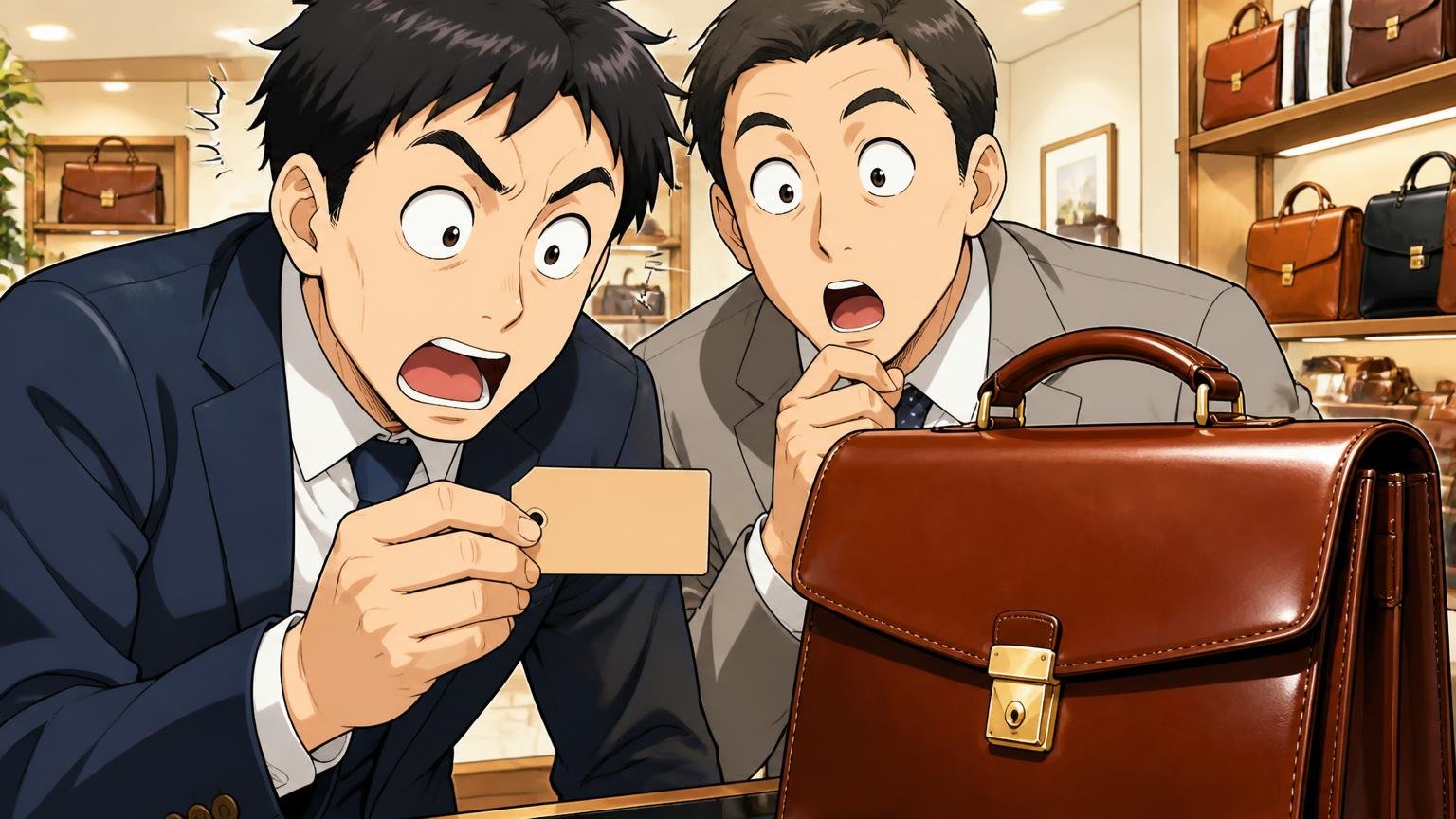この品質でこの値段と価格への満足度が高い。革鞄店で値札と革のブリーフケースを見比べて目を丸くする男性2人