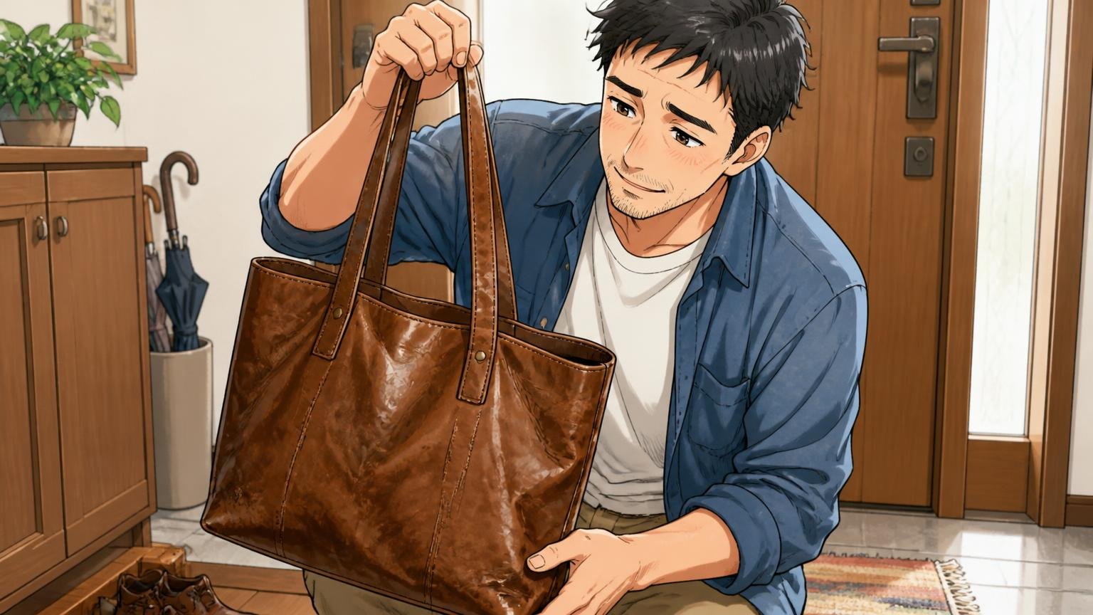 10年以上使い続けている人が多い 自宅の玄関で使い込んだ革のトートバッグを肩から下ろす場面 40代男性1人が懐かしそうに眺める