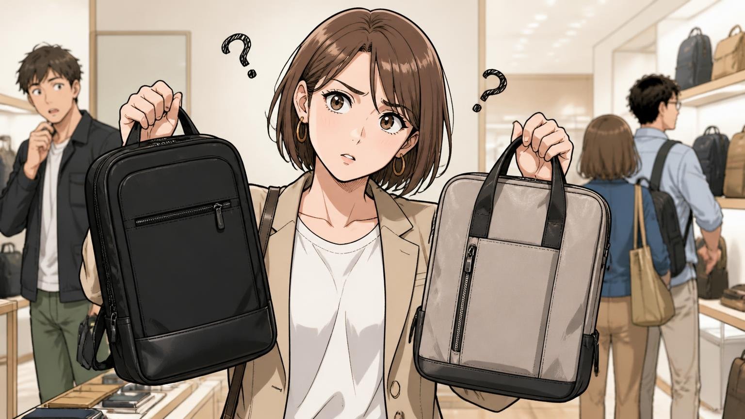 視点③本家「TAKEO KIKUCHI」と「tk.TAKEO KIKUCHI」の声が混ざっていないか　店頭で2つのバッグを比べる30代女性1人が首をかしげる場面