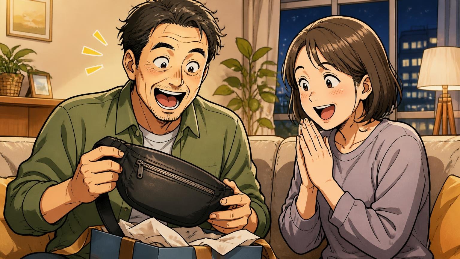 プレゼントで喜ばれ、リピートする人もいる 夜のリビングでプレゼントのボディバッグを受け取って笑顔になる40代の夫と妻