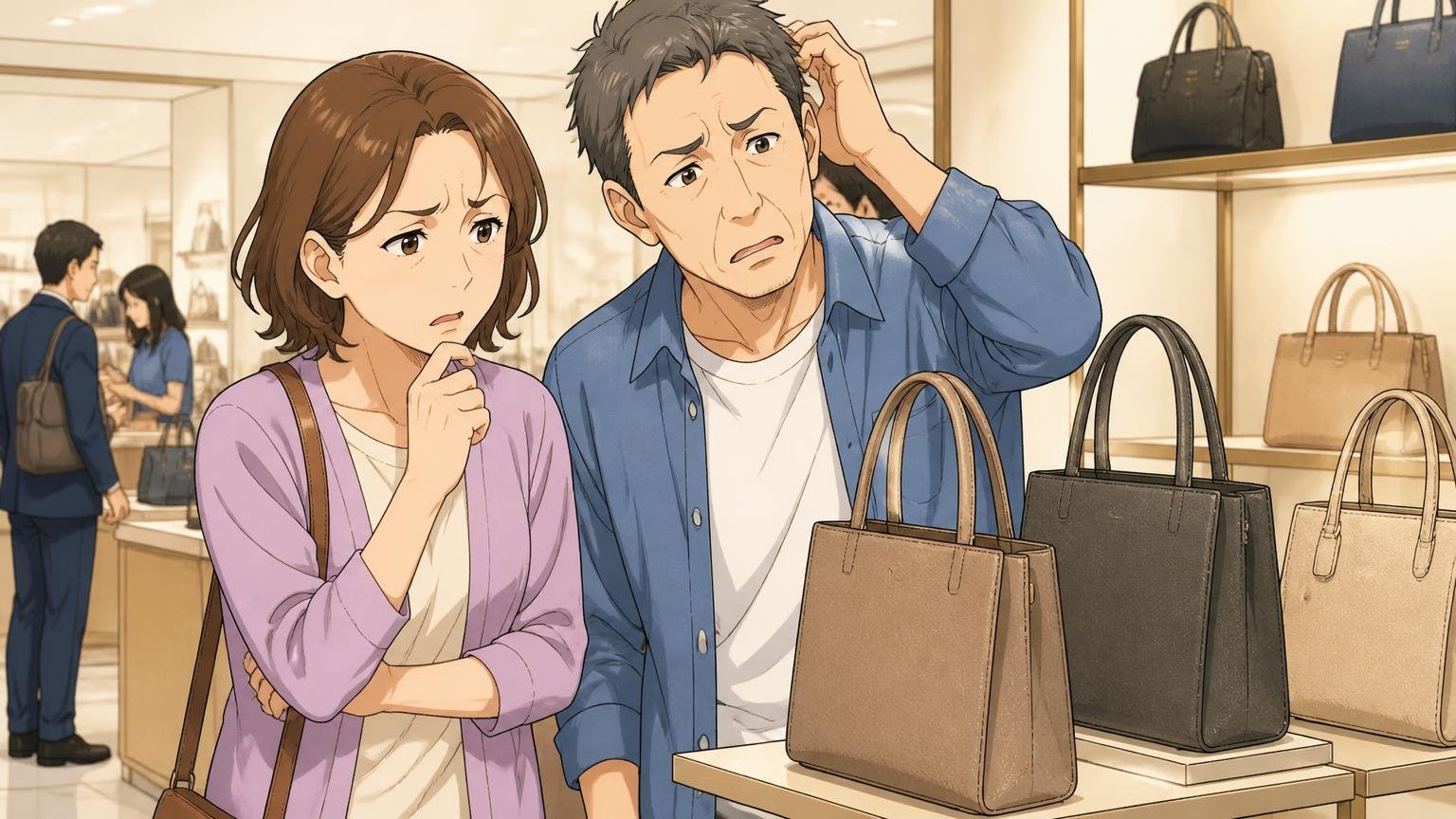 「ときめかない」「ださ」という否定的な声の中身 百貨店のバッグ売り場で地味なバッグを前に首をかしげる夫婦の場面、2人