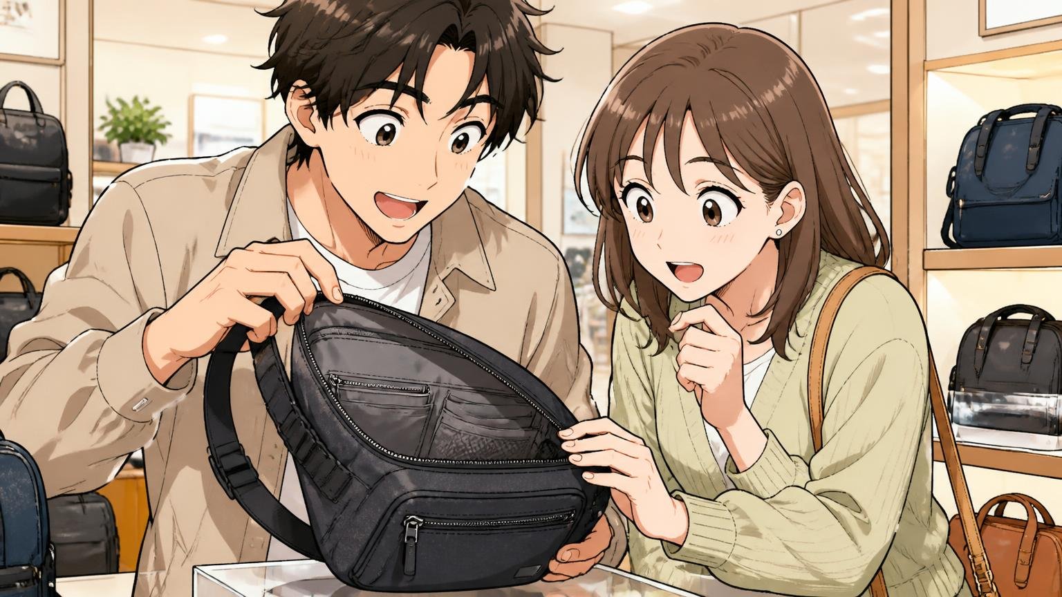 「大容量でポケットが多い」「品のあるデザイン」収納とデザインを評価する声 百貨店のバッグ売り場でボディバッグの中を確かめる男女2人の場面