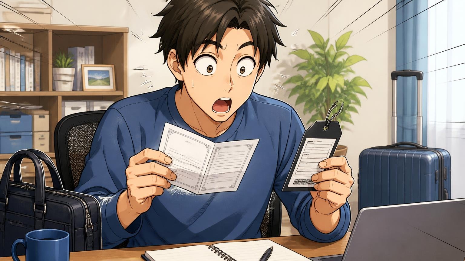 ビジネスバッグの保証は「条件付き2年」でスーツケースとは別物。自宅の机で保証書と商品タグを見比べて目を丸くする男性1人