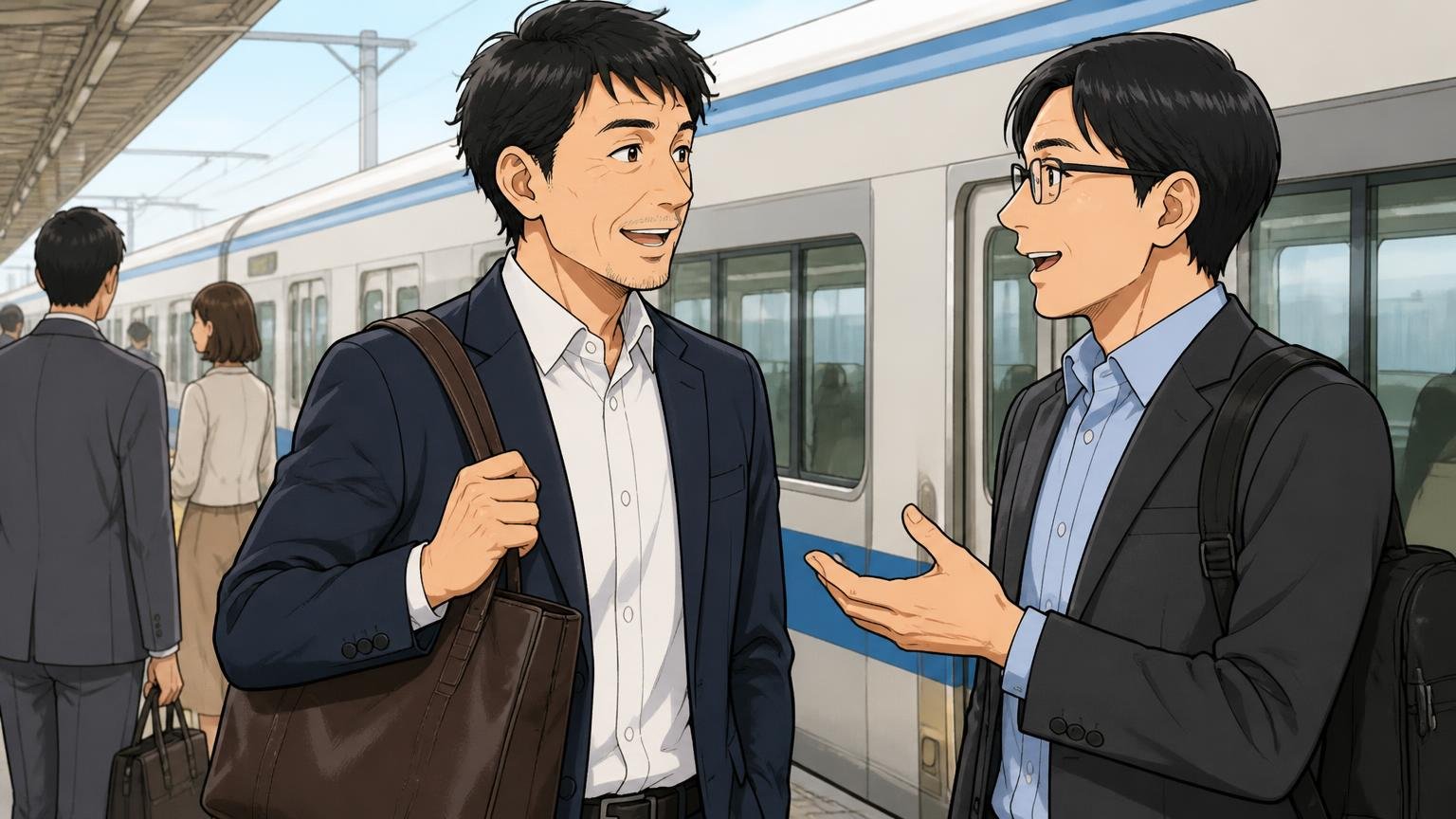 デザインはロゴ控えめ・シンプル・ビジネス寄り｜駅のホームで無地の革トートを肩にかけた40代男性と同僚の2人が談笑する場面