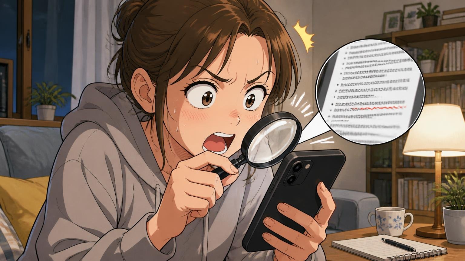 公式サイトは「イメージ違い」の返品不可｜購入先で返品・修理の条件が変わる 夜の自宅でスマホを見ながら、返品条件の小さな文字に目を凝らす女性1人