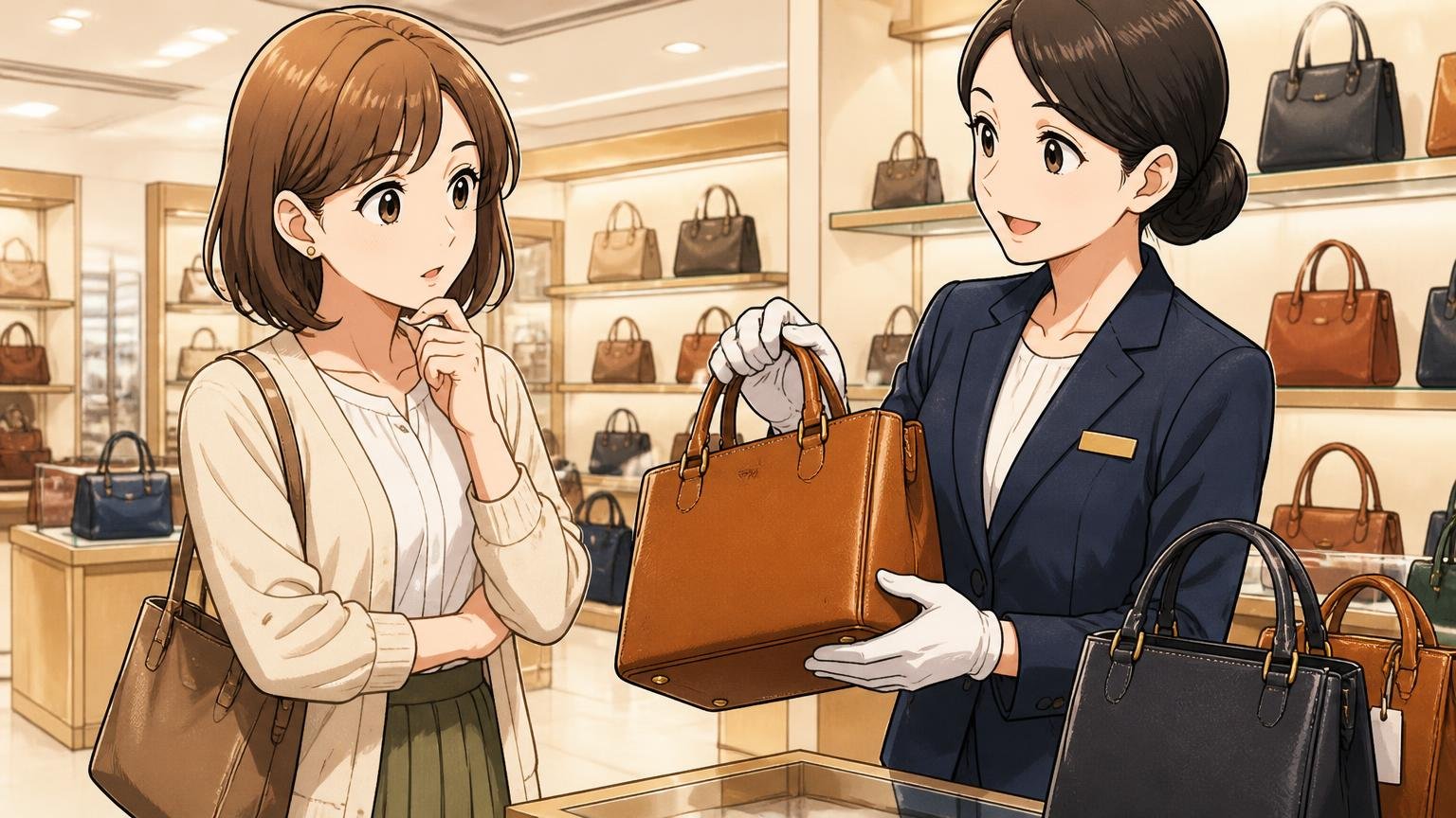 価格は高いが長く使える安心感。百貨店の鞄売り場で店員に革バッグの説明を受ける30代女性1人と店員1人