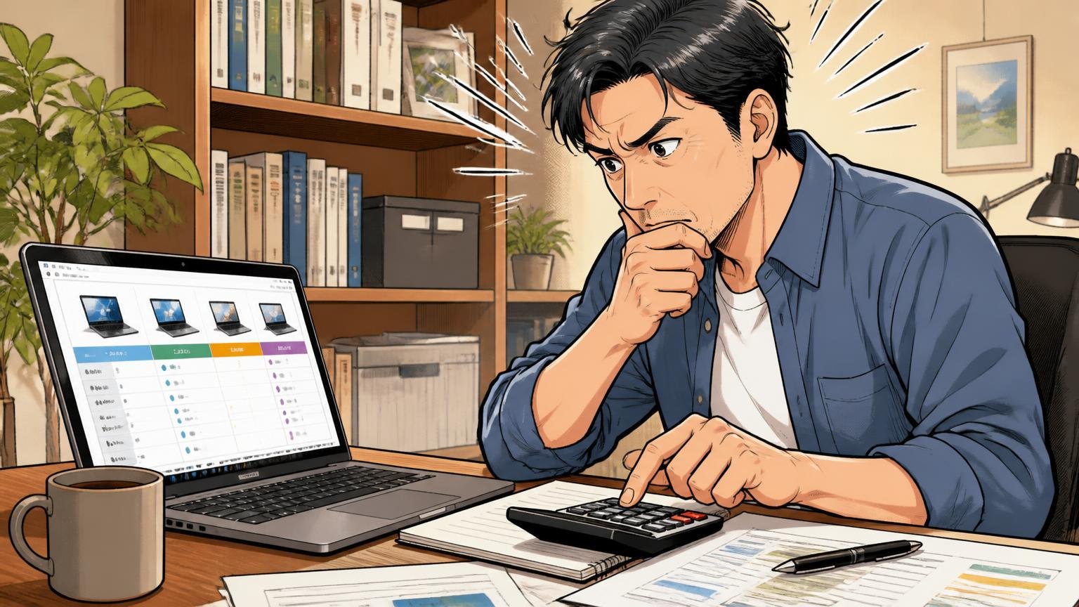 価格は2万円前後〜4万円台で、修理保証がついている　自宅の書斎で40代男性がノートパソコンで価格表を見比べながら電卓をたたき考え込む場面