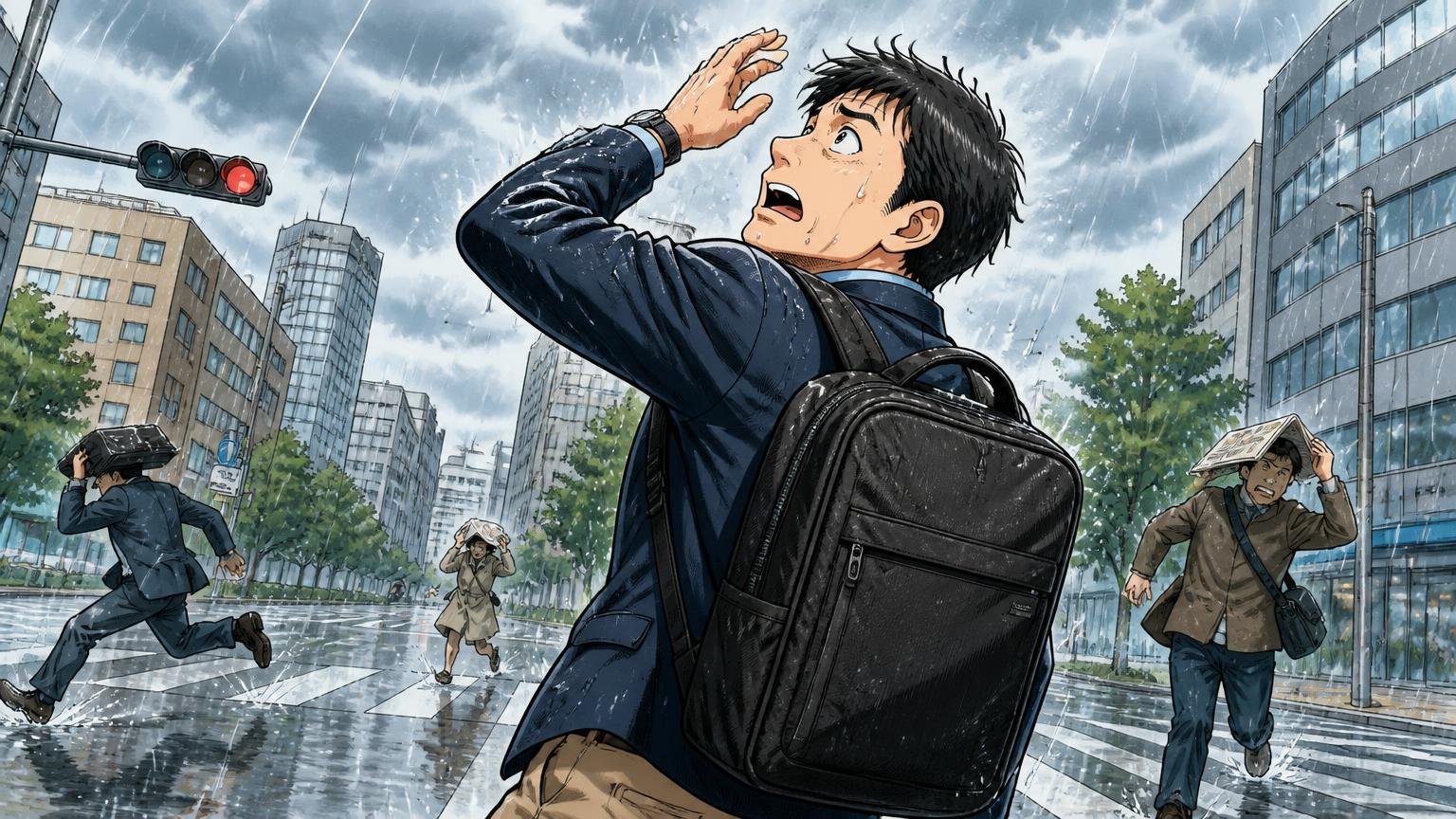 主素材のバリスターナイロンは丈夫、ただし完全防水ではない、小雨の交差点でリュックを背負った40代男性1人が空を見上げて慌てる場面
