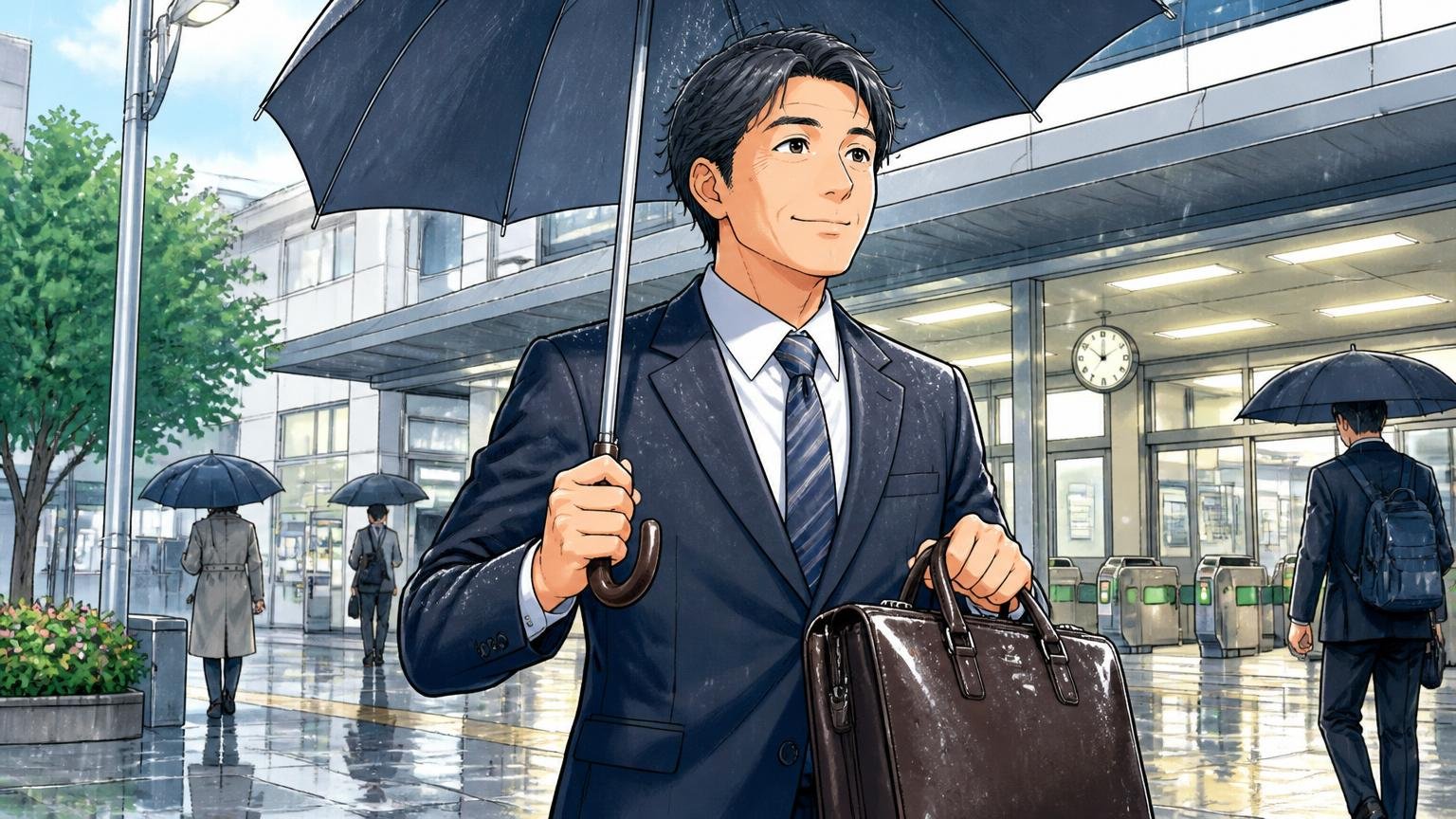 防水革なら雨を気にせず使える 雨の駅前で革のブリーフケースを手に傘を差して歩く40代男性1人が安心した表情の場面