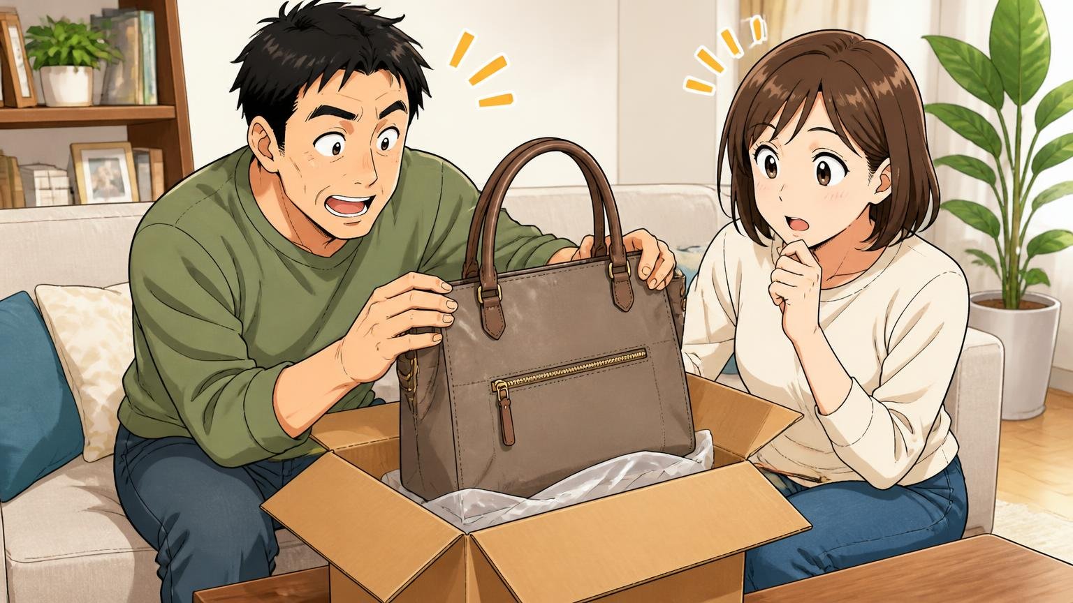 返品は「到着後7日・未使用」が基本だから、実物を見てから決めたい 自宅のリビングで届いた箱を開けバッグを確かめる夫婦2人