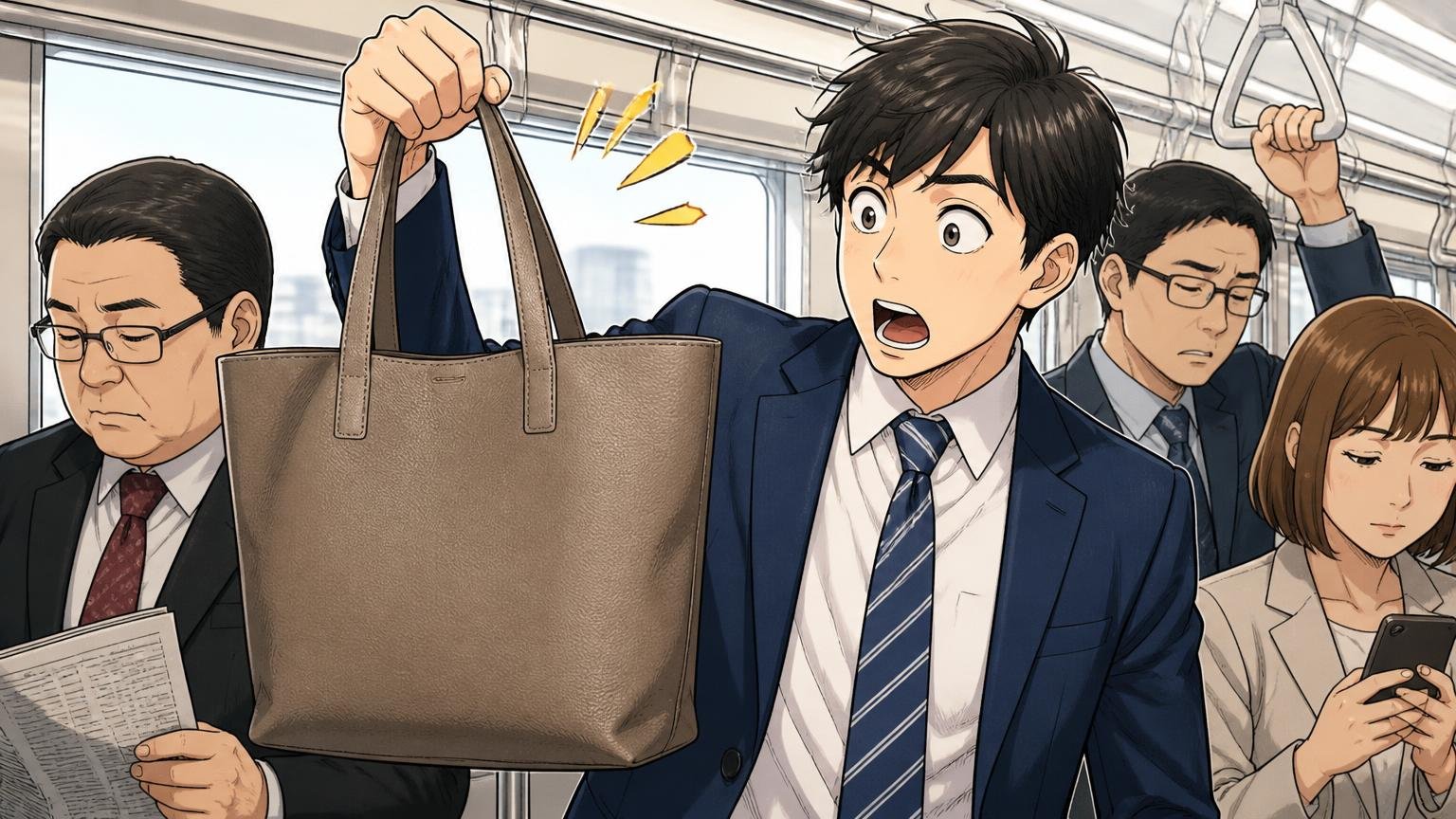 シュリンクレザーやリュックは「革なのに軽い」と評価されている 朝の通勤電車で軽い革のトートを片手で持ち上げる男性が驚いた表情を見せる場面