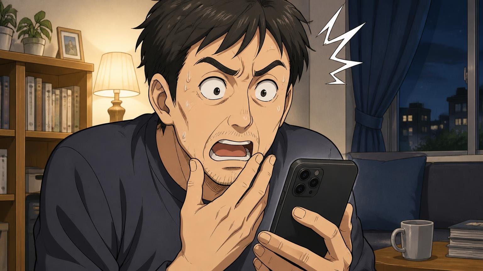 「イケテイオンライン 偽物」と検索候補に出る理由。夜の自宅でスマホの検索画面を見て驚いた顔をする40代男性1人