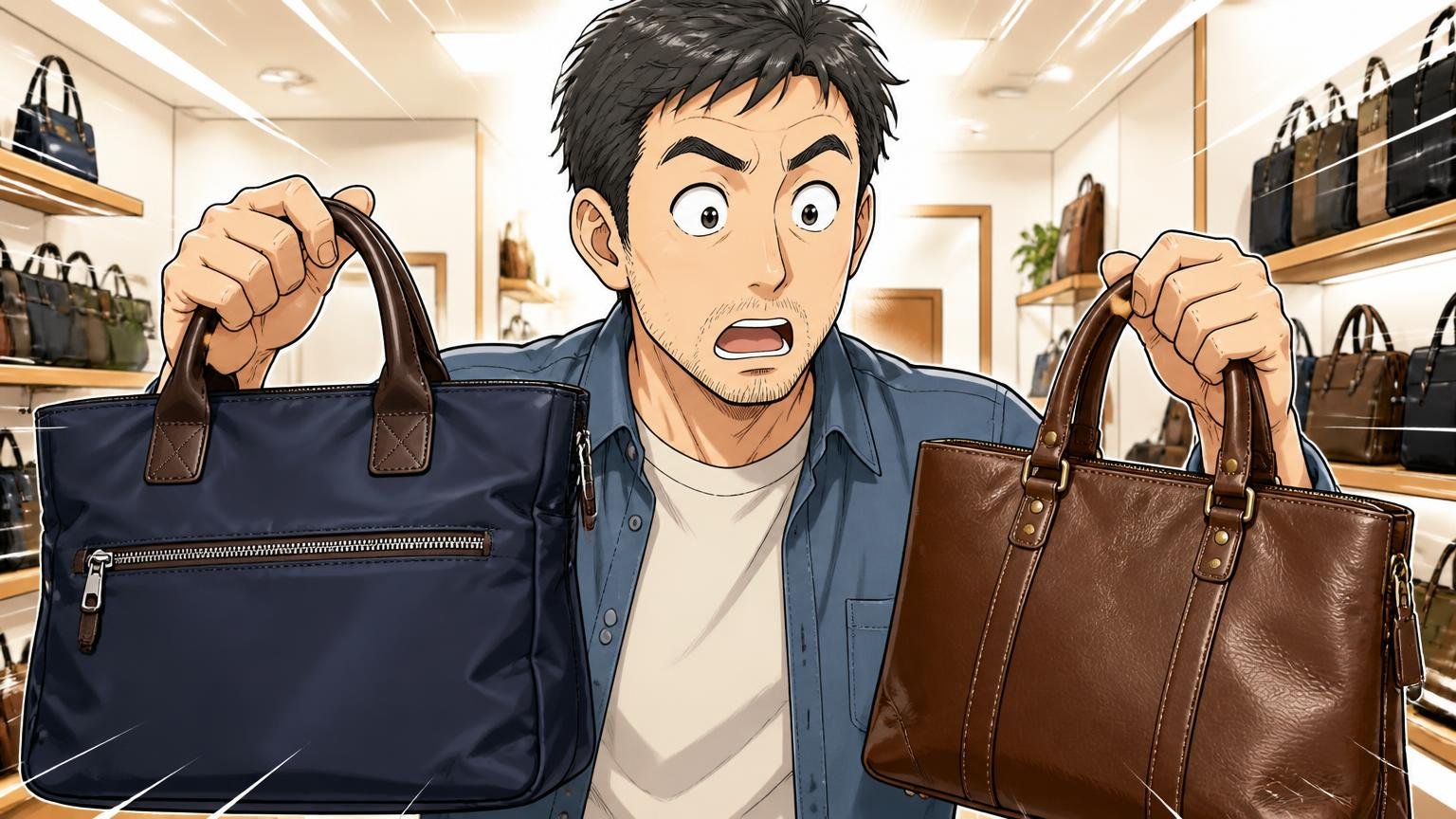 「質感が想像と違った」を防ぐには実物を見る 店舗でナイロンと革のバッグを手に取り見比べる40代男性1人が目を見開く場面