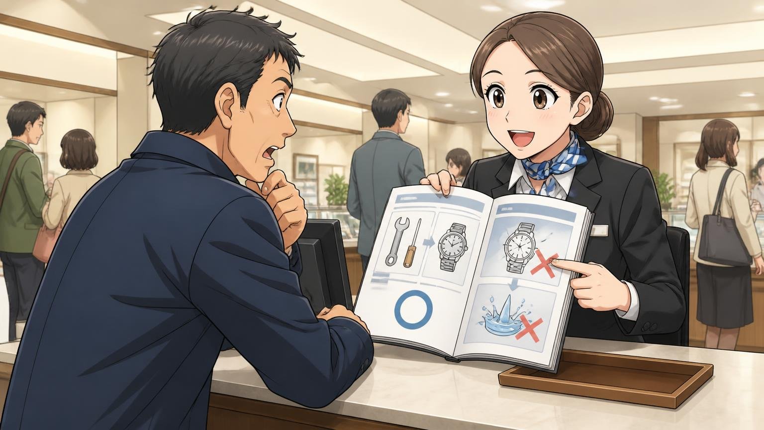 保証は6か月 無料で直せる範囲と対象外を知っておく 百貨店のサービスカウンターで40代男性が店員から説明を受ける場面
