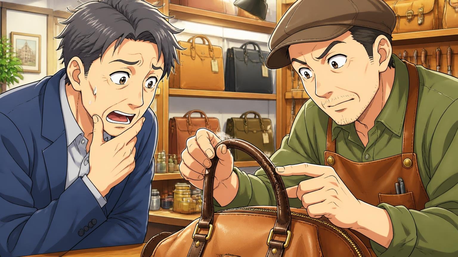 直すといくら？修理費の目安を先に知っておく　革製品の修理店のカウンターで職人と40代男性がバッグの持ち手を確かめる場面