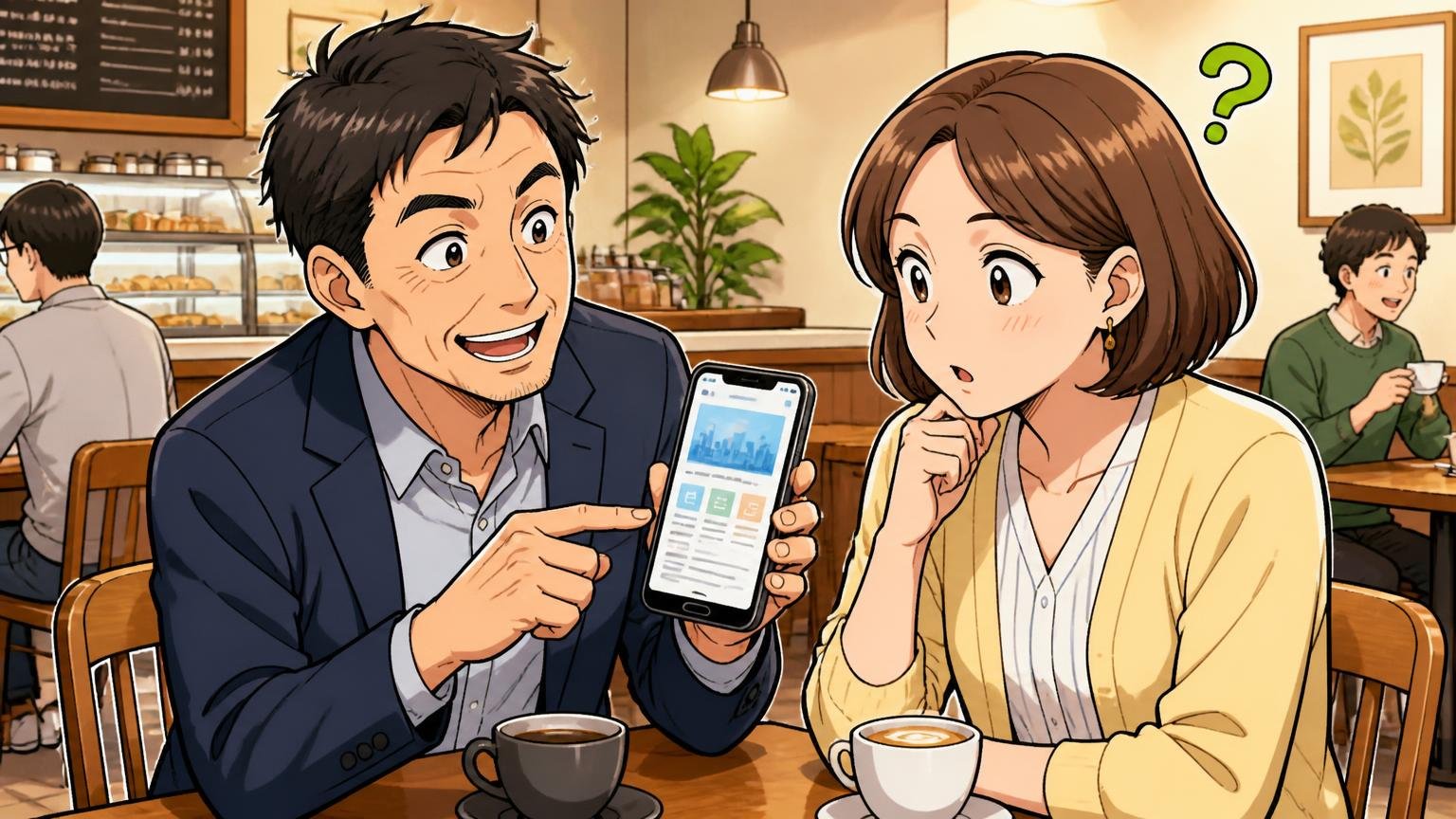 公式サイトが向いている人・向いていない人 カフェで公式サイトのスマホ画面を見せ合い相談する40代男性と30代女性の2人 片方は頷き片方は首をかしげる
