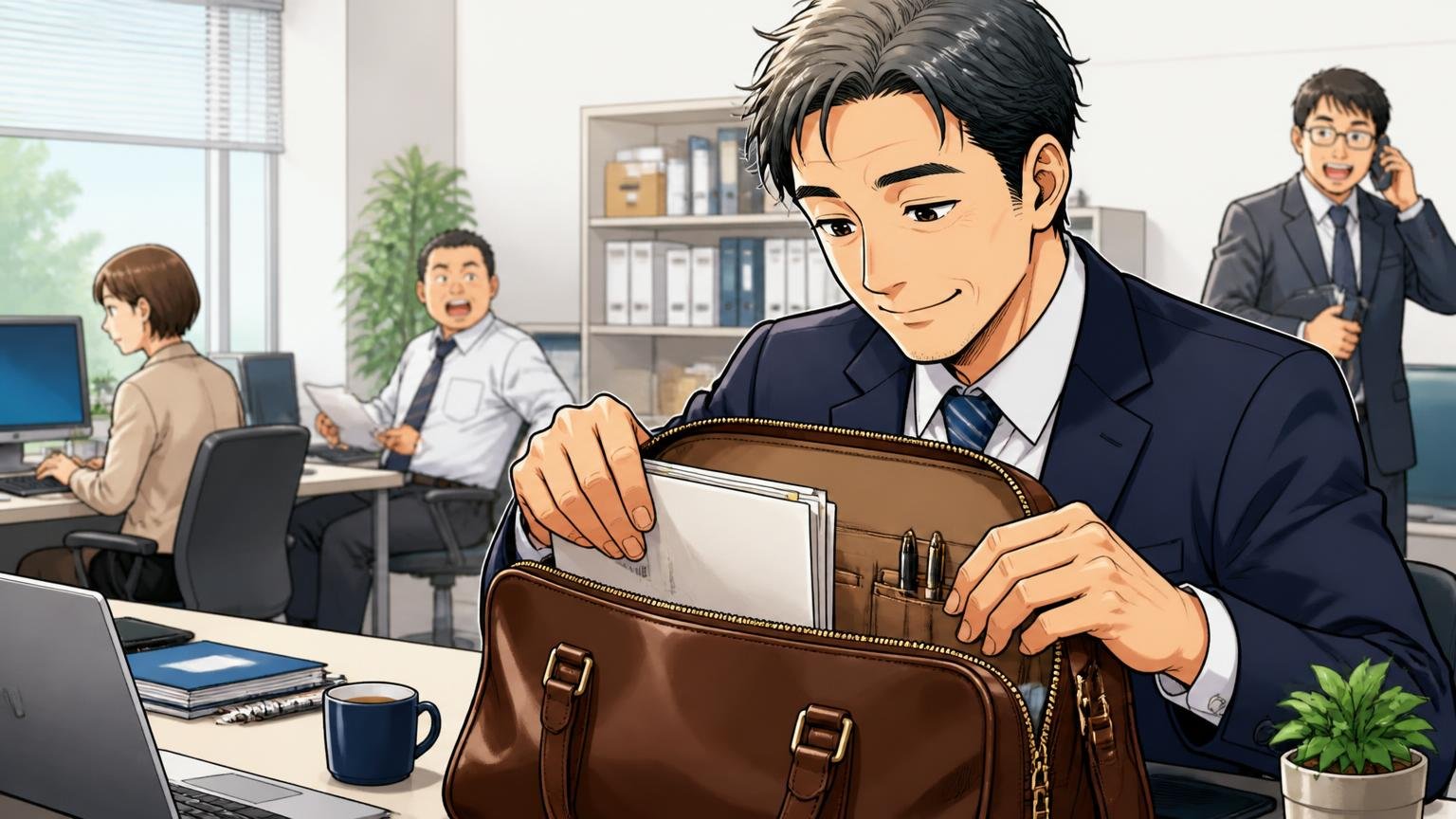 さすが日本製の収納設計と軽さ。オフィスのデスクで革のビジネスバッグの内ポケットに書類とペンを整える40代男性が満足そうに微笑む場面